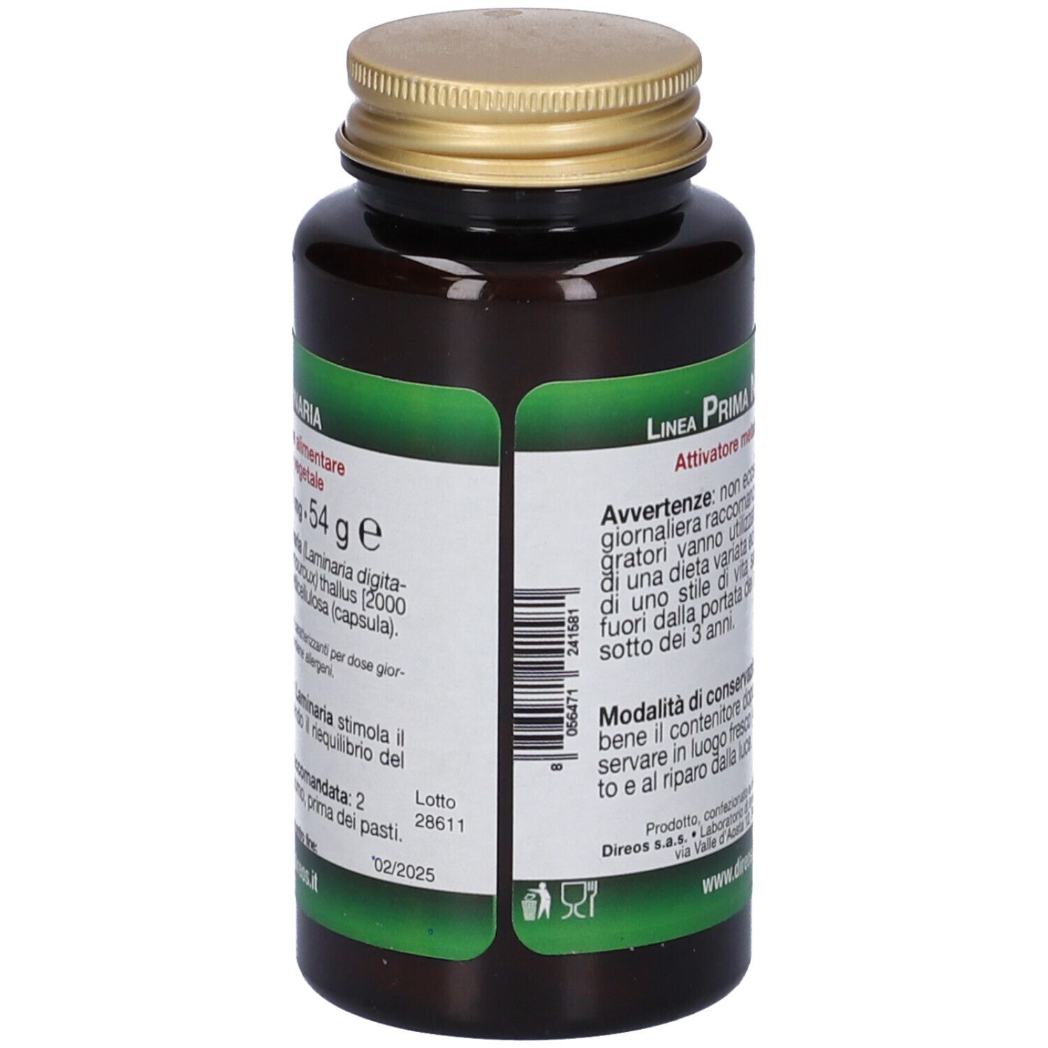 Flacone marrone con tappo dorato. Retro con etichetta verde e bianca. Testo in italiano. Scritta Direos.