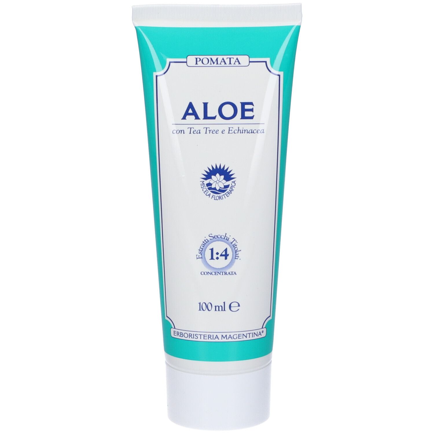 Tubo verde con etichetta bianca. Scritta: Aloe con Tea Tree e Echinacea. Concentrato 1:4. 100 ml.