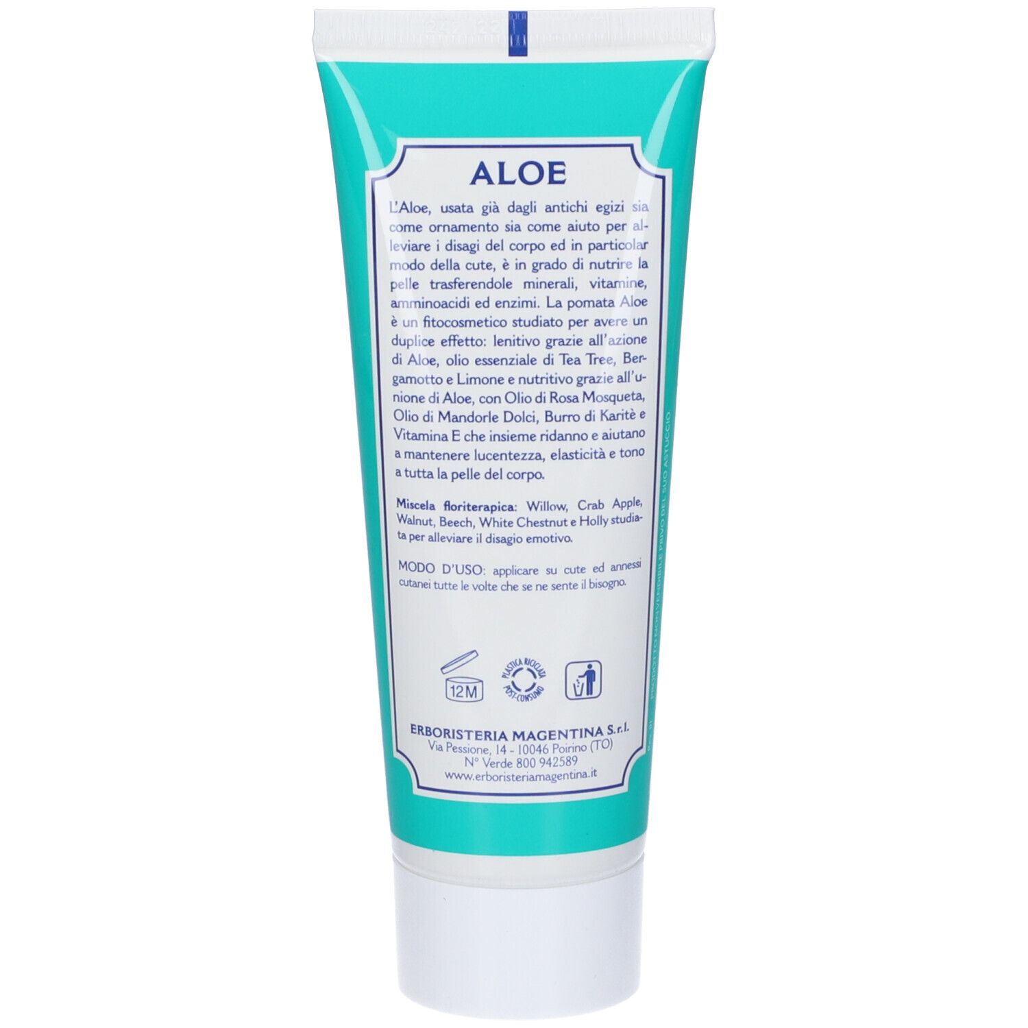 Retro del tubo. Testo: Aloe, ingredienti, istruzioni per l'uso. Design verde e bianco. Simbolo 12M.