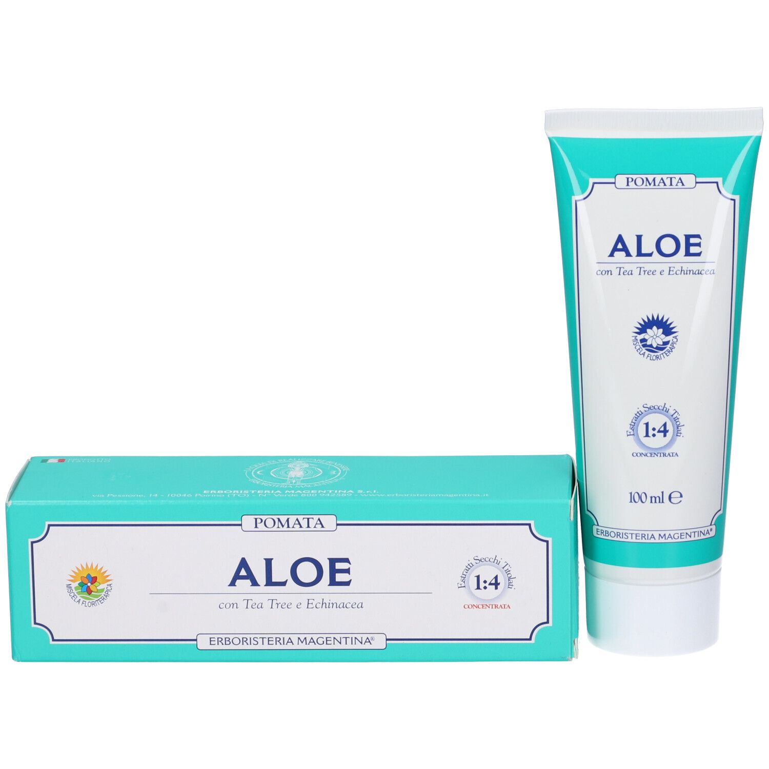 Tubo e scatola. Scritta: Aloe con Tea Tree e Echinacea. Design verde e bianco. Concentrato 1:4.