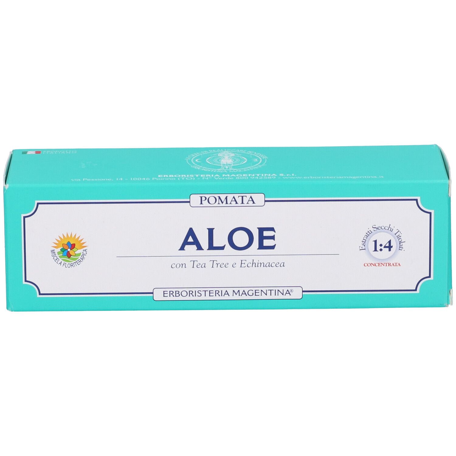 Scatola. Scritta: Aloe con Tea Tree e Echinacea. Design verde e bianco. Concentrato 1:4.