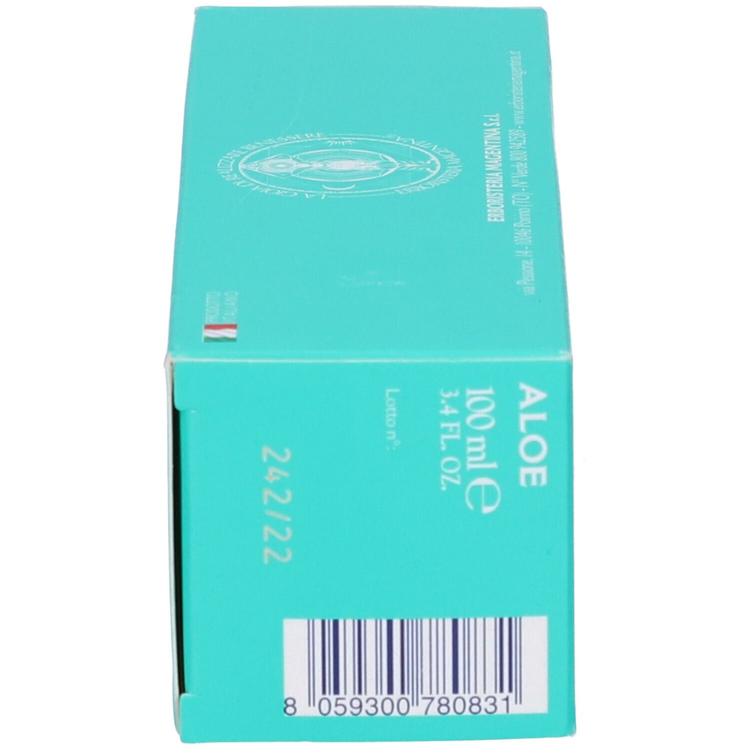 Scatola. Lato con testo e codice a barre. Scritta: Aloe. 100 ml. Design verde e bianco.