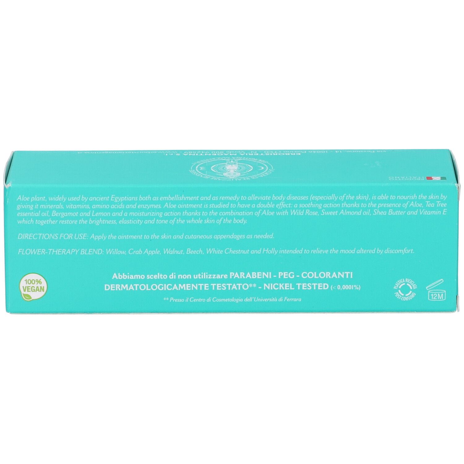 Scatola. Testo: Istruzioni per l'uso, ingredienti, certificazioni. Design verde e bianco. Sigillo vegano.