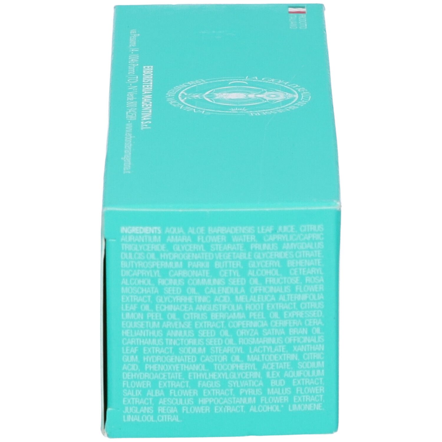 Scatola. Lato con ingredienti. Design verde e bianco. Testo.