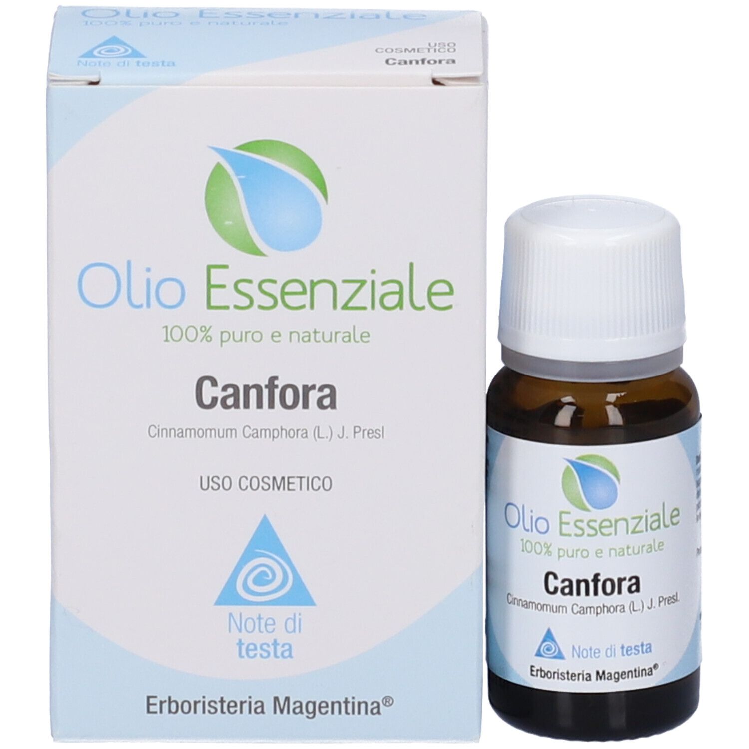 Flacone e confezione. Flacone: marrone, tappo bianco. Confezione: blu-bianco, testo: Olio Essenziale, Canfora.