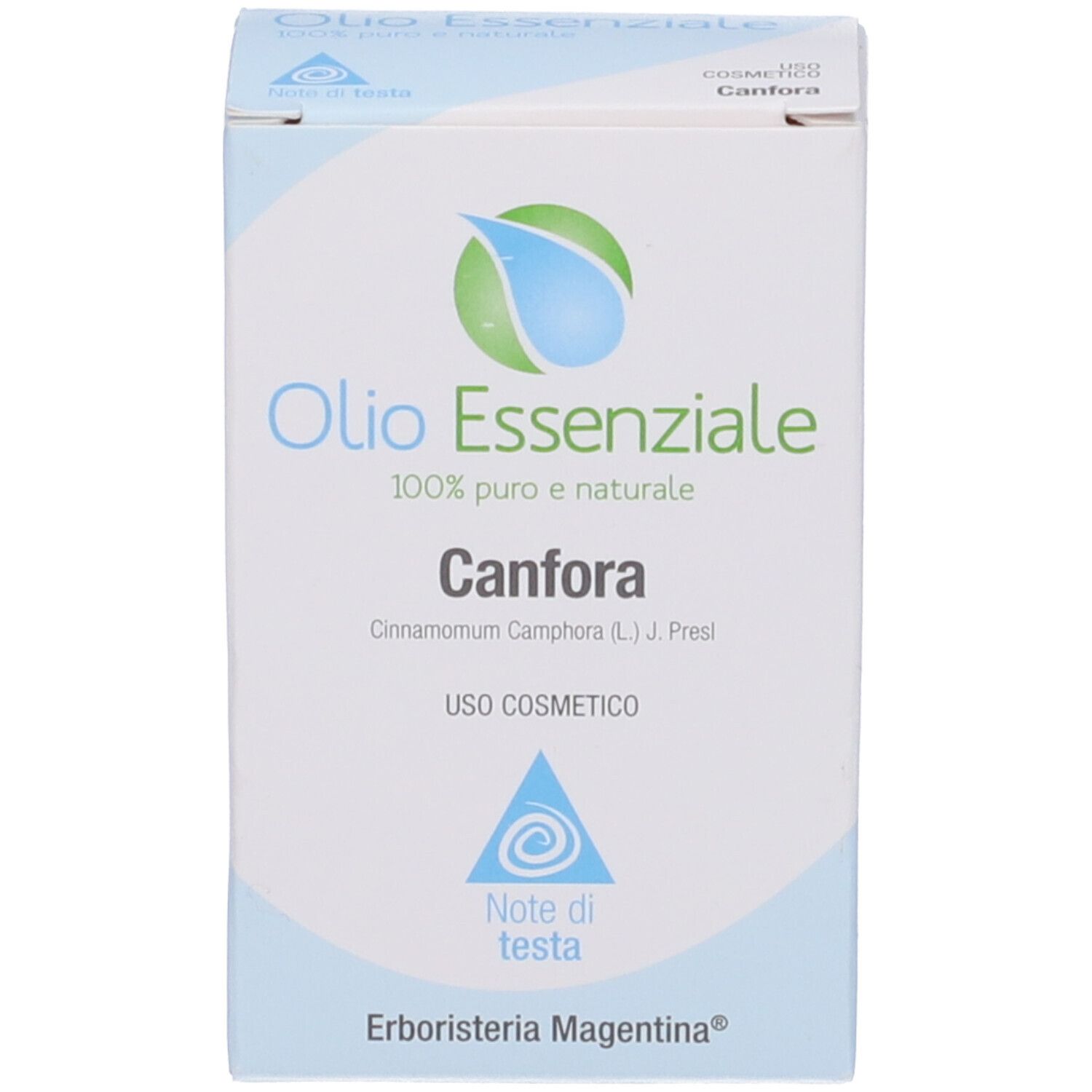Confezione del prodotto. Scatola blu e bianca. Testo: Olio Essenziale, Canfora, logo.