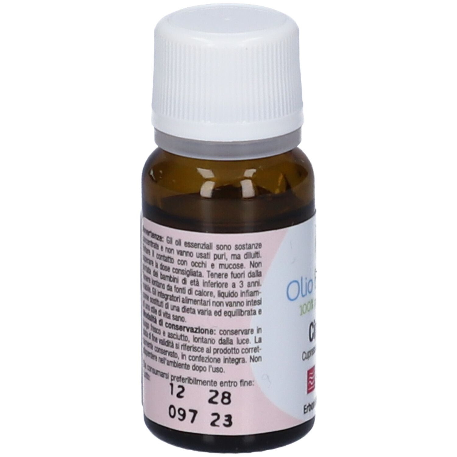 Retro di un flacone di vetro marrone con tappo bianco. Etichetta con testo e data di scadenza.