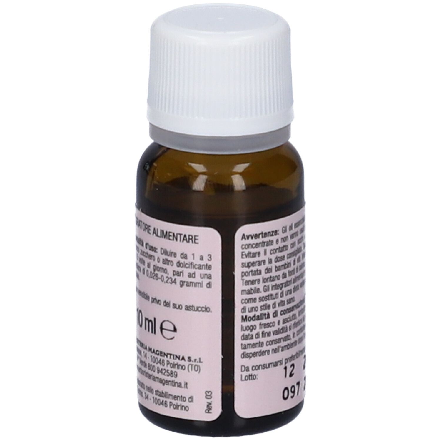 Retro di un flacone di vetro marrone con tappo bianco. Etichetta con testo.