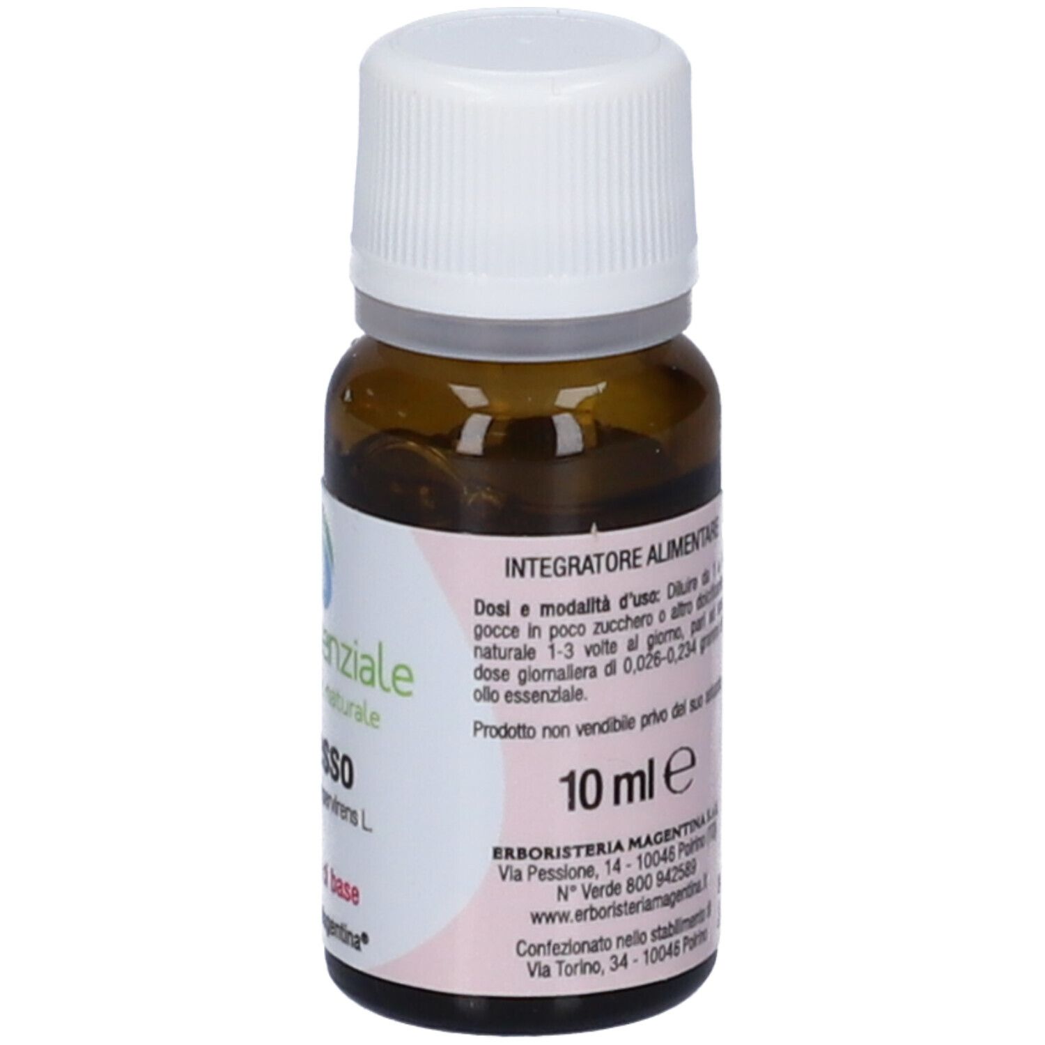 Flacone di vetro marrone con tappo bianco. Etichetta con informazioni sul prodotto e testo.