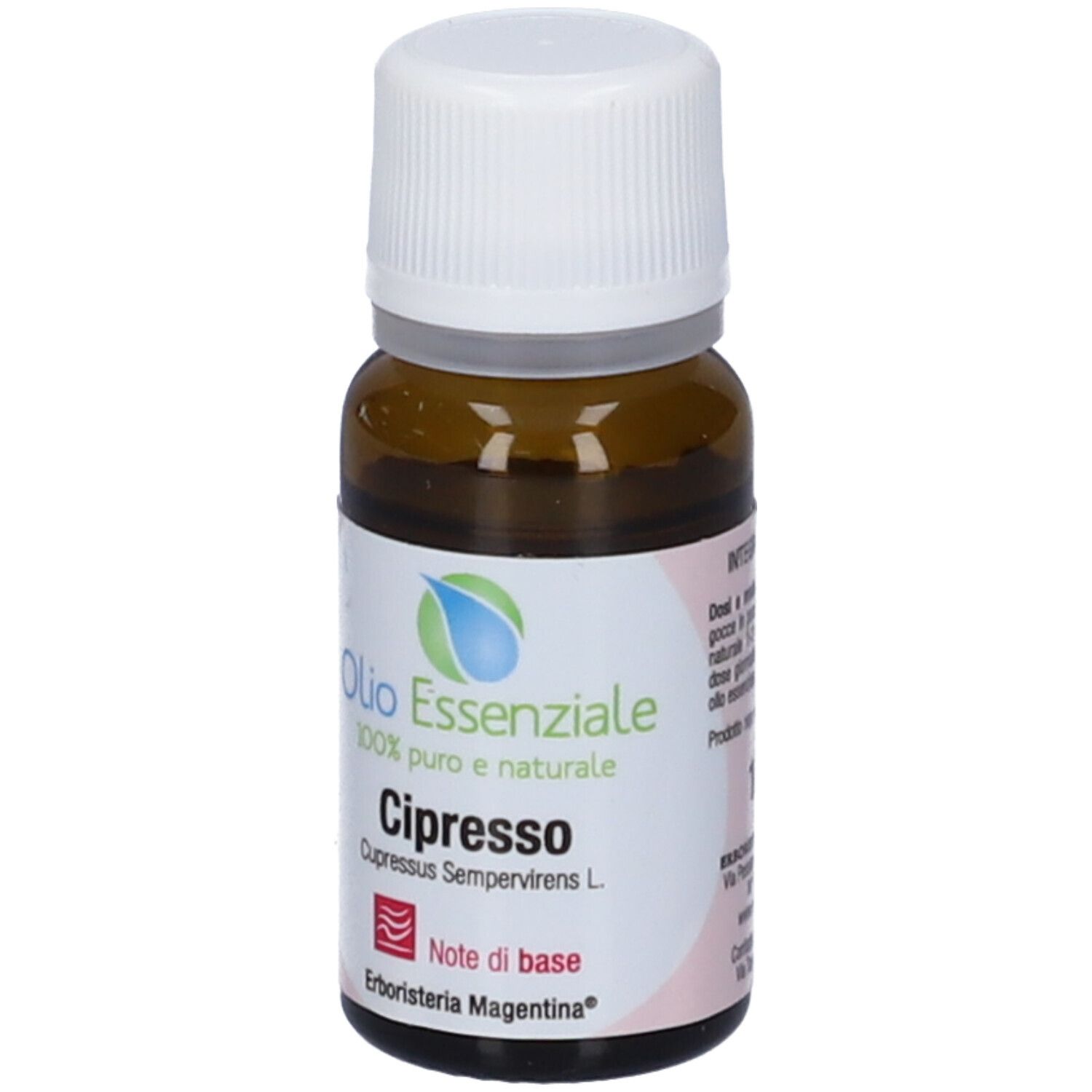 Flacone di vetro marrone con tappo bianco. Etichetta con nome del prodotto, logo e testo.