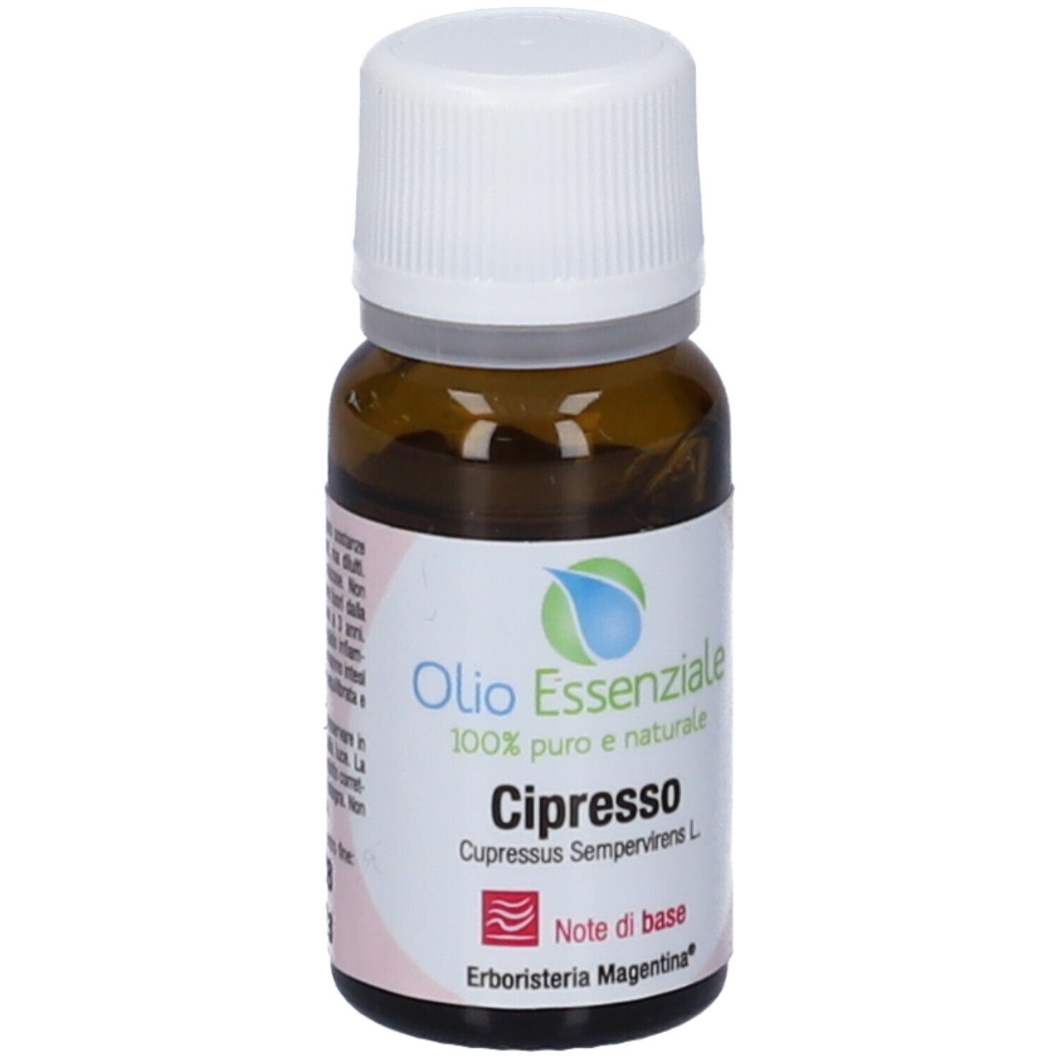 Flacone di vetro marrone con tappo bianco. Etichetta con nome del prodotto, logo e testo.