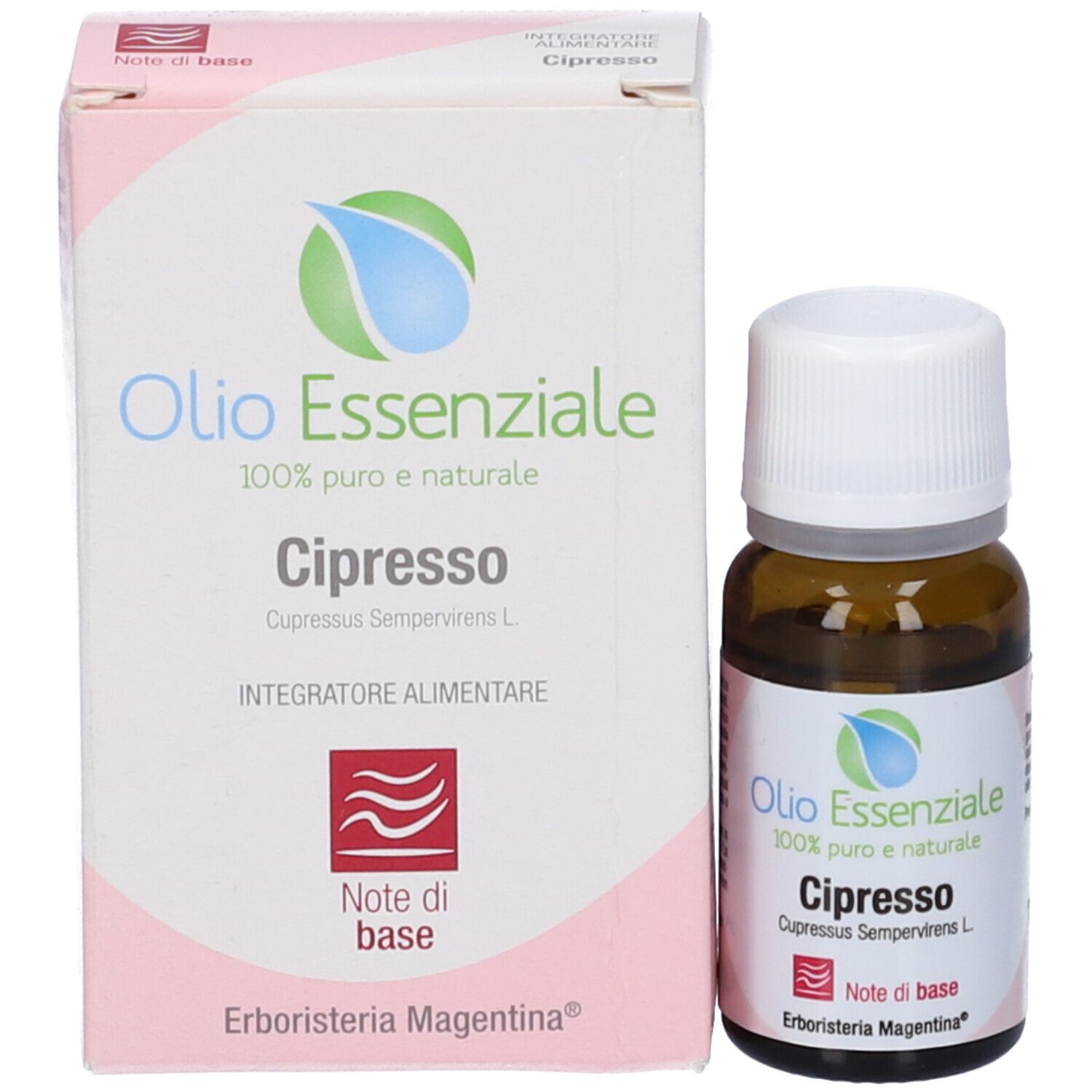 Flacone di vetro marrone con tappo bianco e confezione rosa. Nome del prodotto e logo sulla confezione.