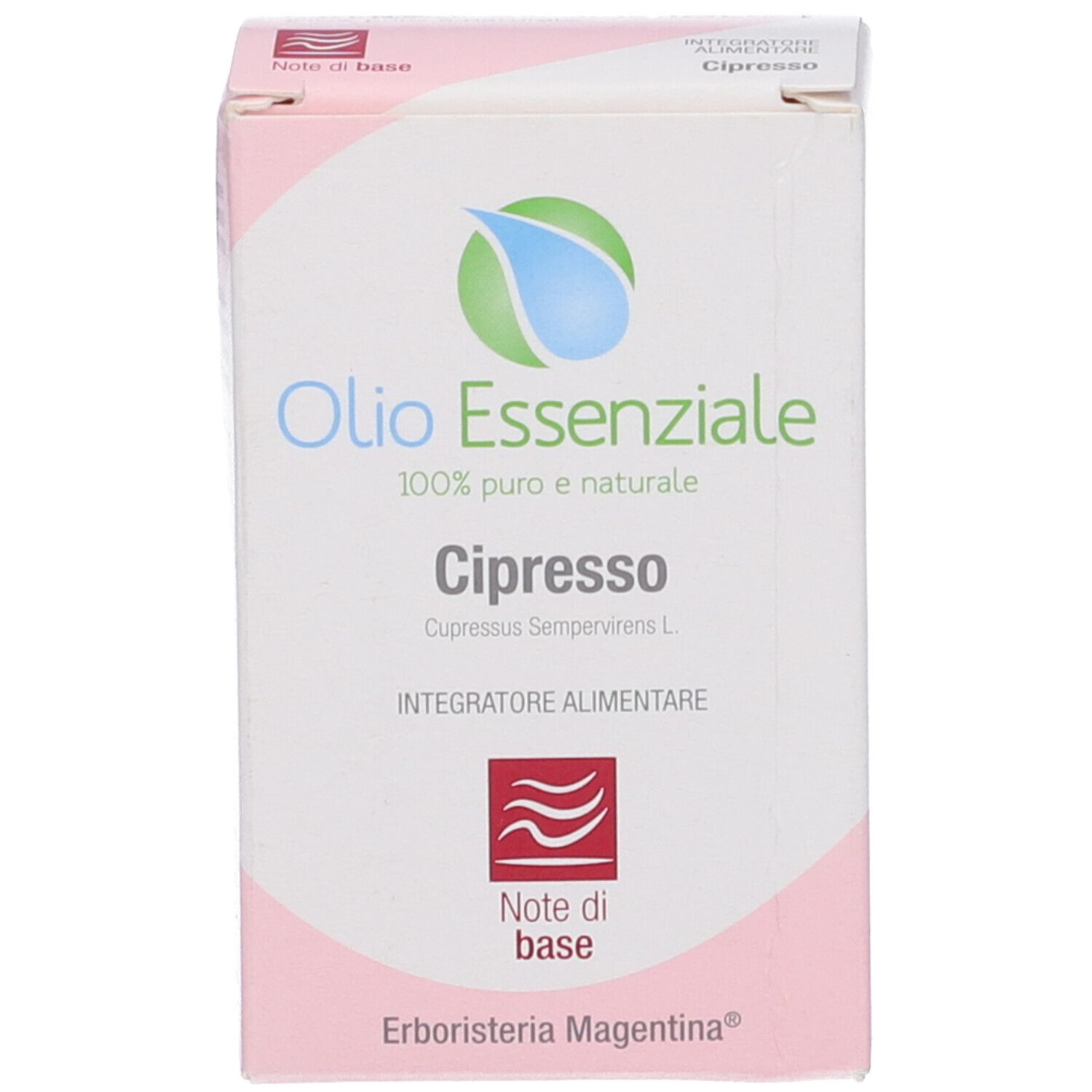 Confezione rosa con nome del prodotto, logo e testo. Sfondo bianco.