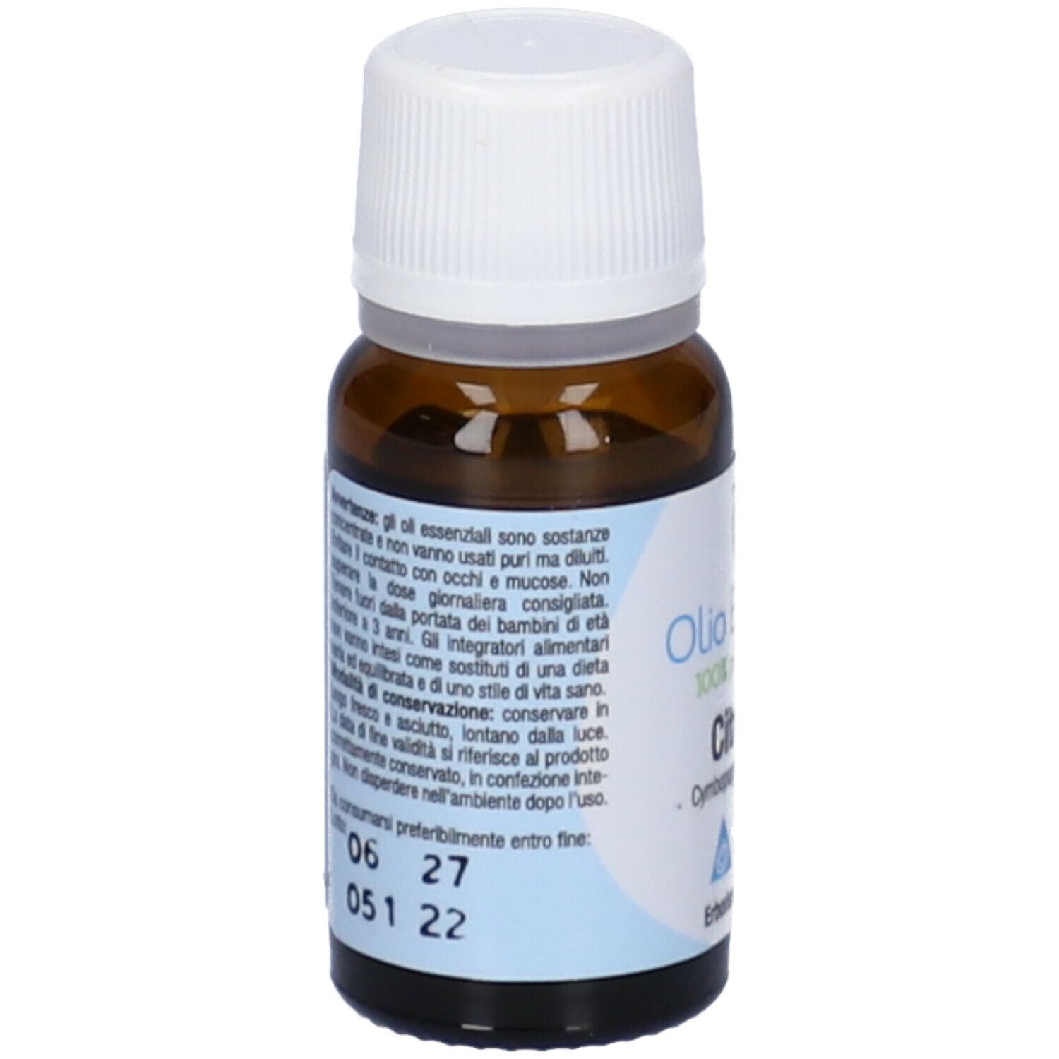 Flacone in vetro marrone con tappo bianco. Scritta: Olio Essenziale, Citronella. Data di scadenza.