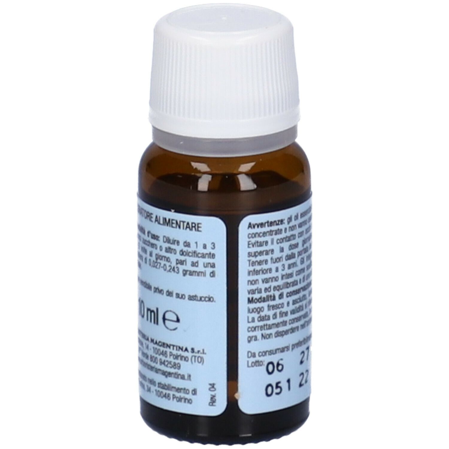 Flacone in vetro marrone con tappo bianco. Scritta: Olio Essenziale, Citronella. Avvertenze e data di scadenza.