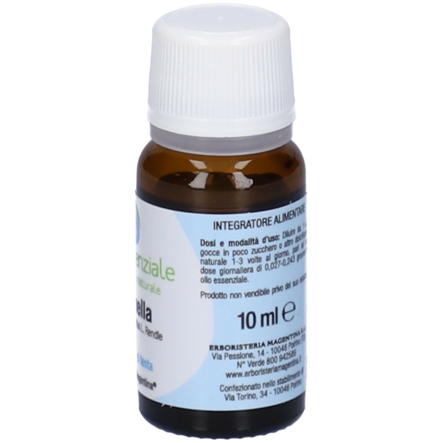 Flacone in vetro marrone con tappo bianco. Scritta: Olio Essenziale, Citronella. Dosaggio e 10 ml.