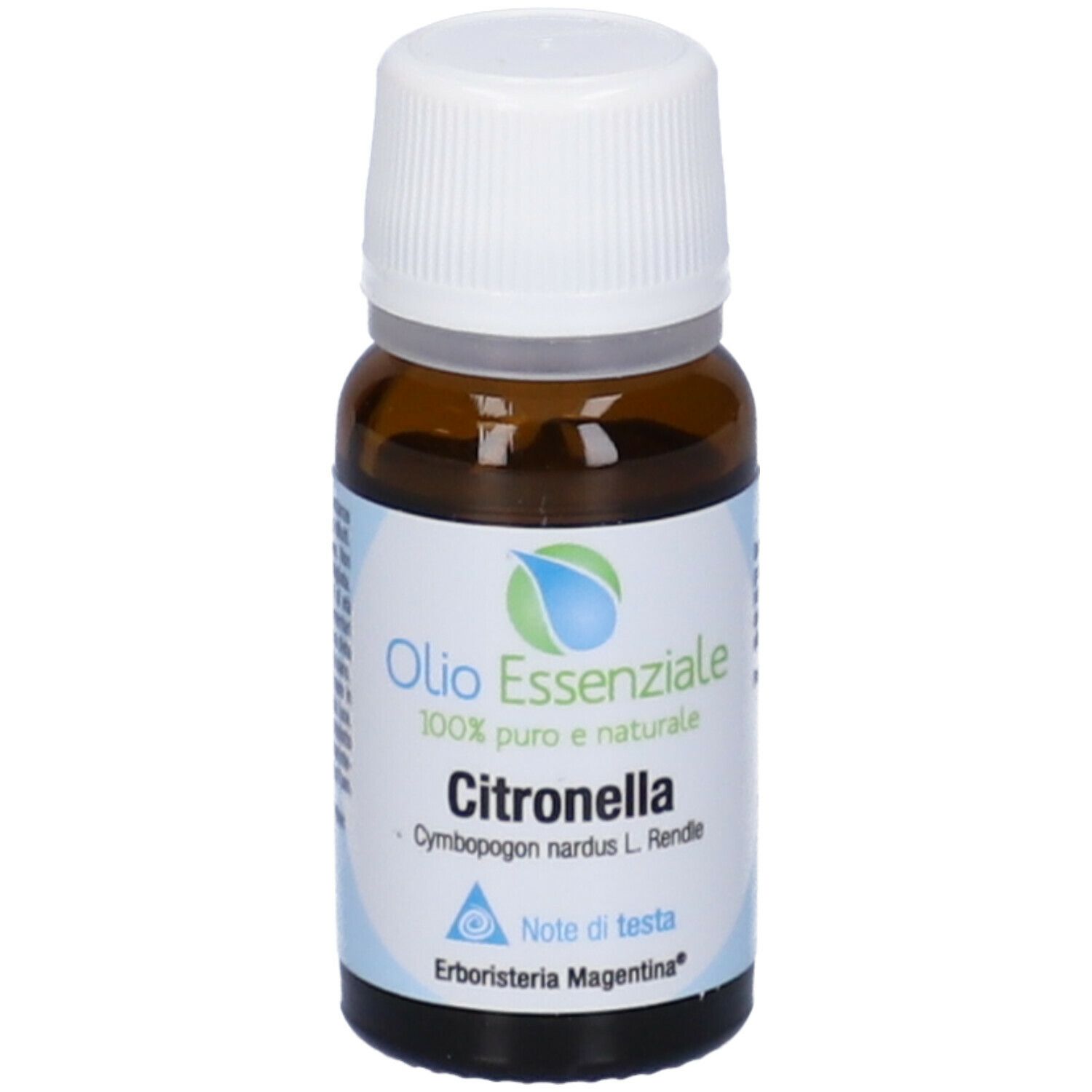 Flacone in vetro marrone con tappo bianco. Scritta: Olio Essenziale, Citronella. 10 ml.