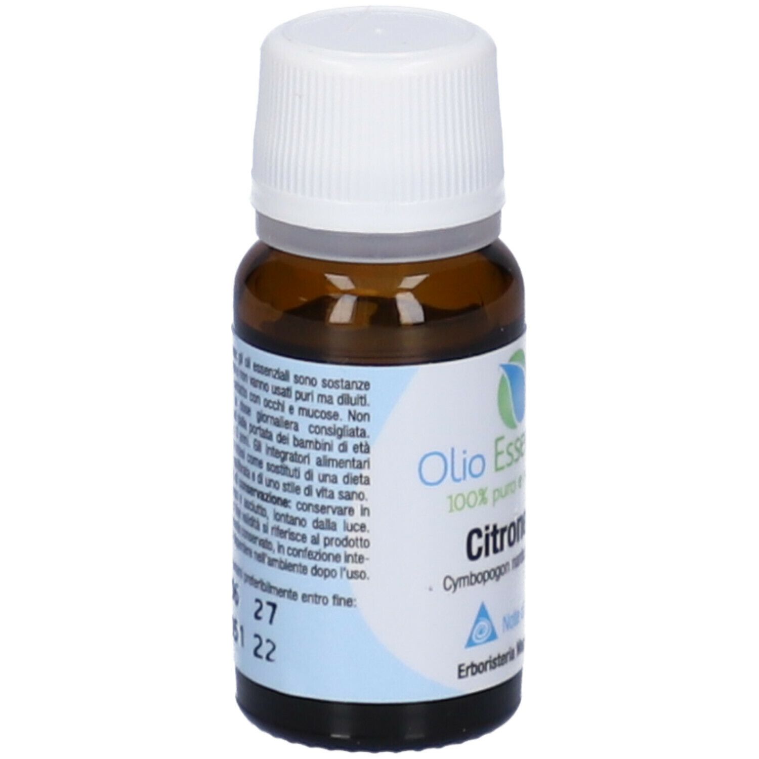 Flacone in vetro marrone con tappo bianco. Scritta: Olio Essenziale, Citronella. Informazioni produttore.