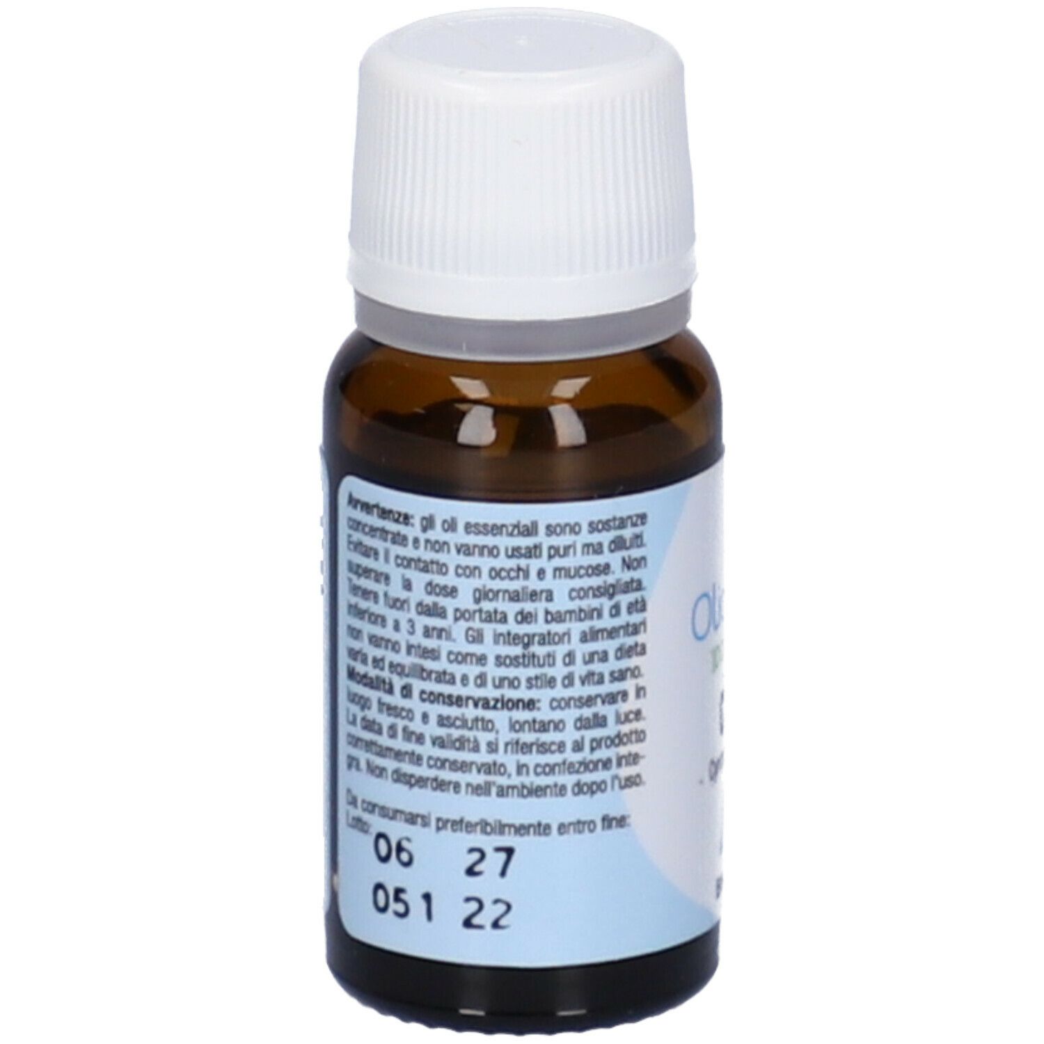 Flacone in vetro marrone con tappo bianco. Scritta: Olio Essenziale, Citronella. Avvertenze e data di scadenza.