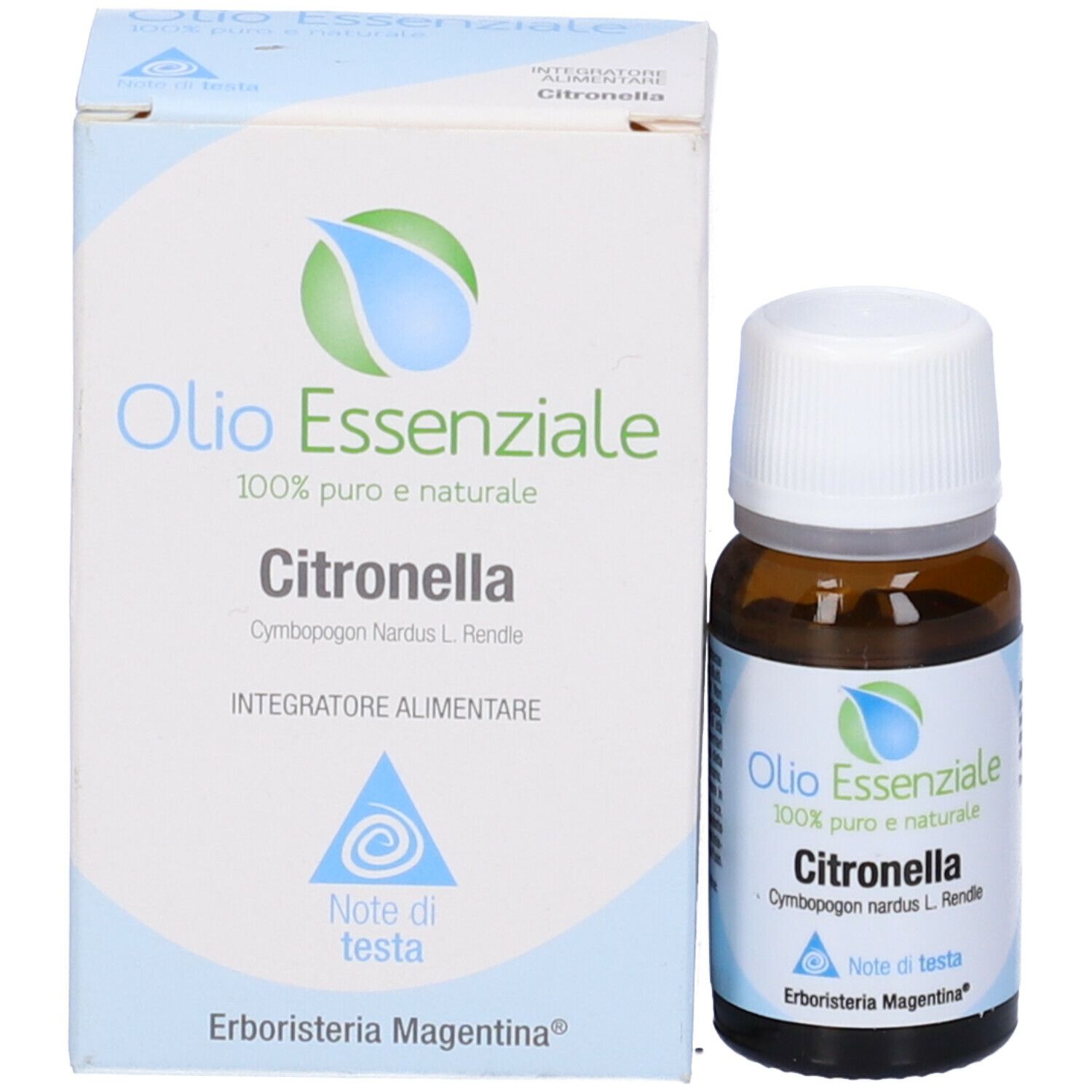 Flacone in vetro marrone con tappo bianco e scatola. Scritta: Olio Essenziale, Citronella.