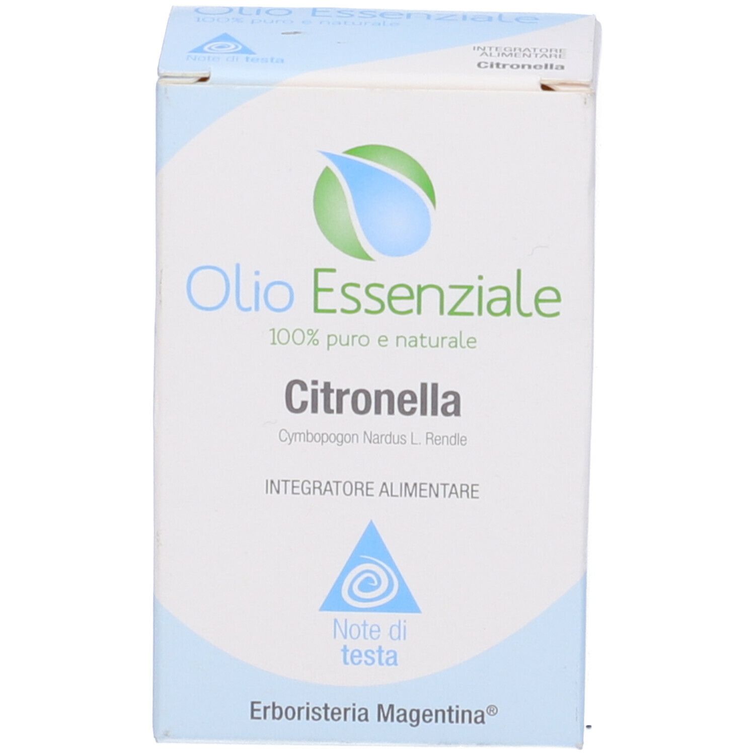 Scatola con scritta: Olio Essenziale, Citronella. Logo e informazioni produttore.