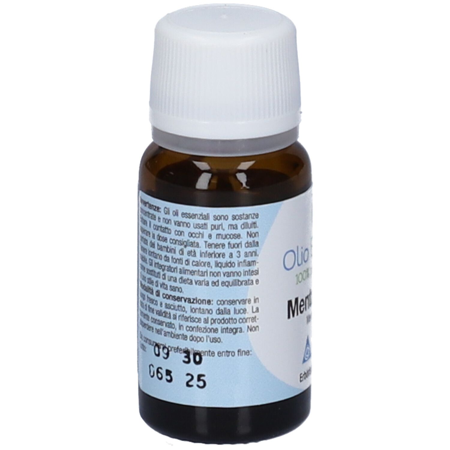 Flacone di vetro marrone con tappo bianco. Retro con testo. Erboristeria Magentina.