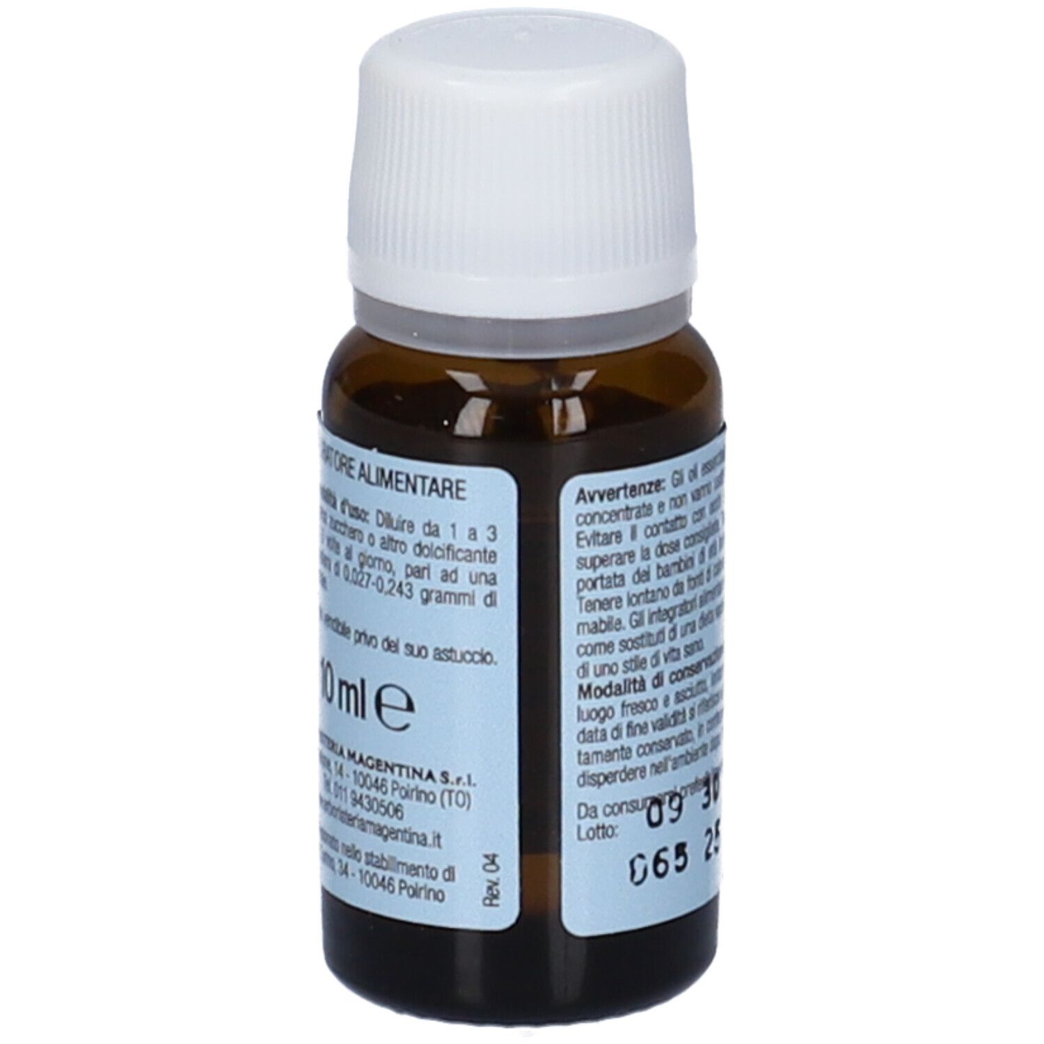 Flacone di vetro marrone con tappo bianco. Retro con testo e 10 ml. Erboristeria Magentina.