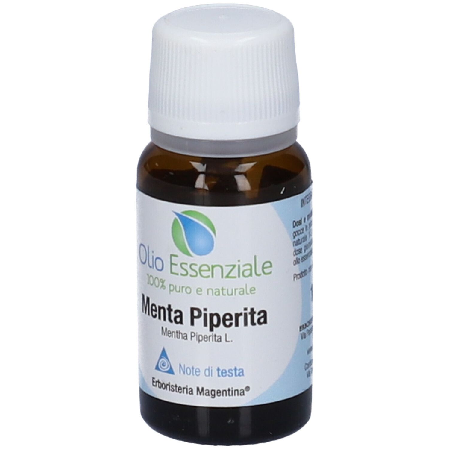 Flacone di vetro marrone con tappo bianco. Etichetta con nome del prodotto e logo. Erboristeria Magentina.