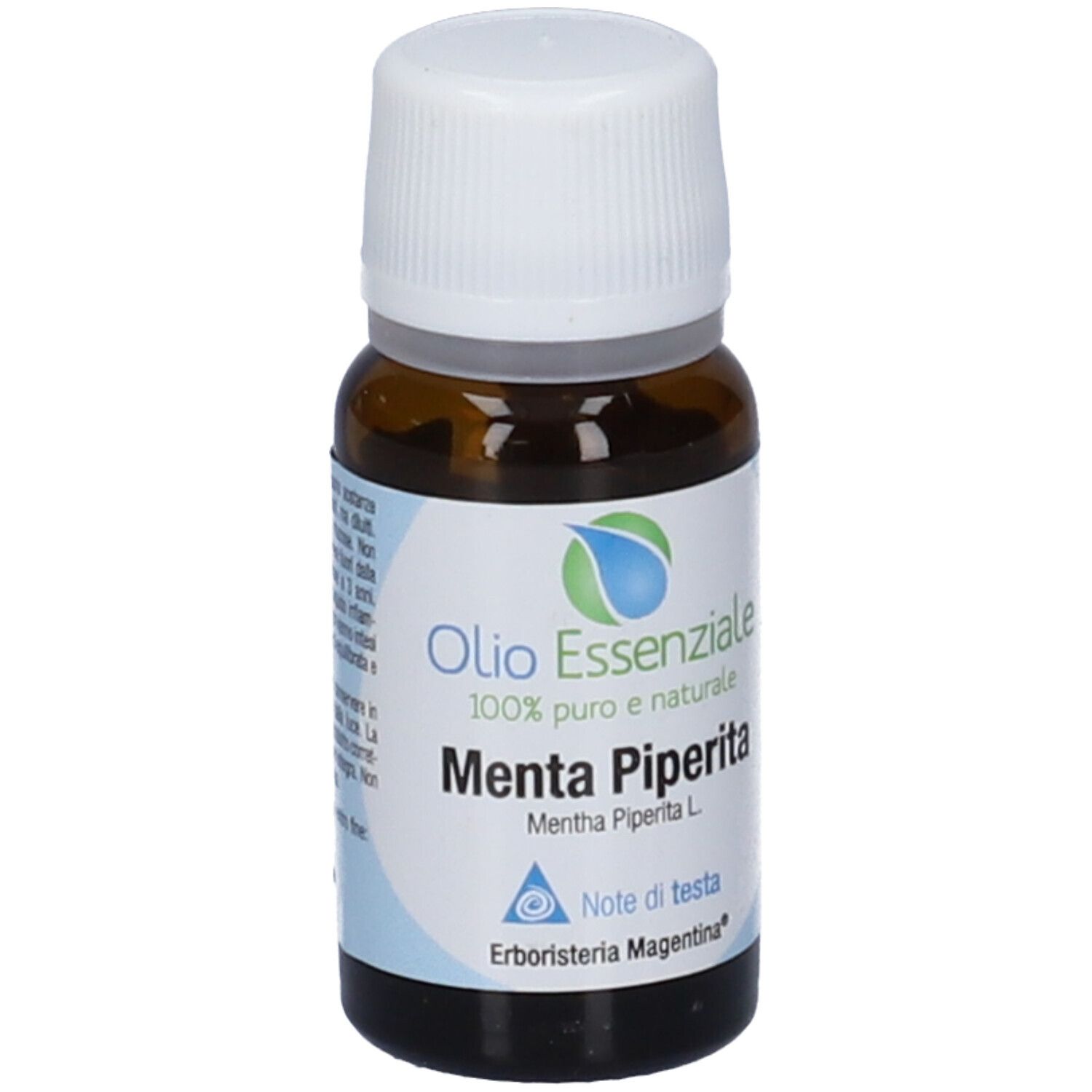 Flacone di vetro marrone con tappo bianco. Etichetta con nome del prodotto e logo. Erboristeria Magentina.