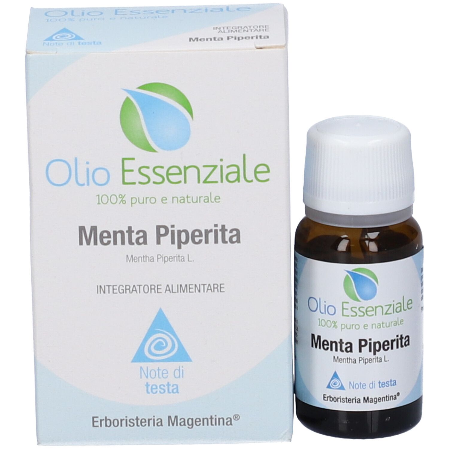 Flacone di vetro marrone e scatola. Flacone con tappo bianco. Scatola con nome del prodotto e logo. Erboristeria Magentina.