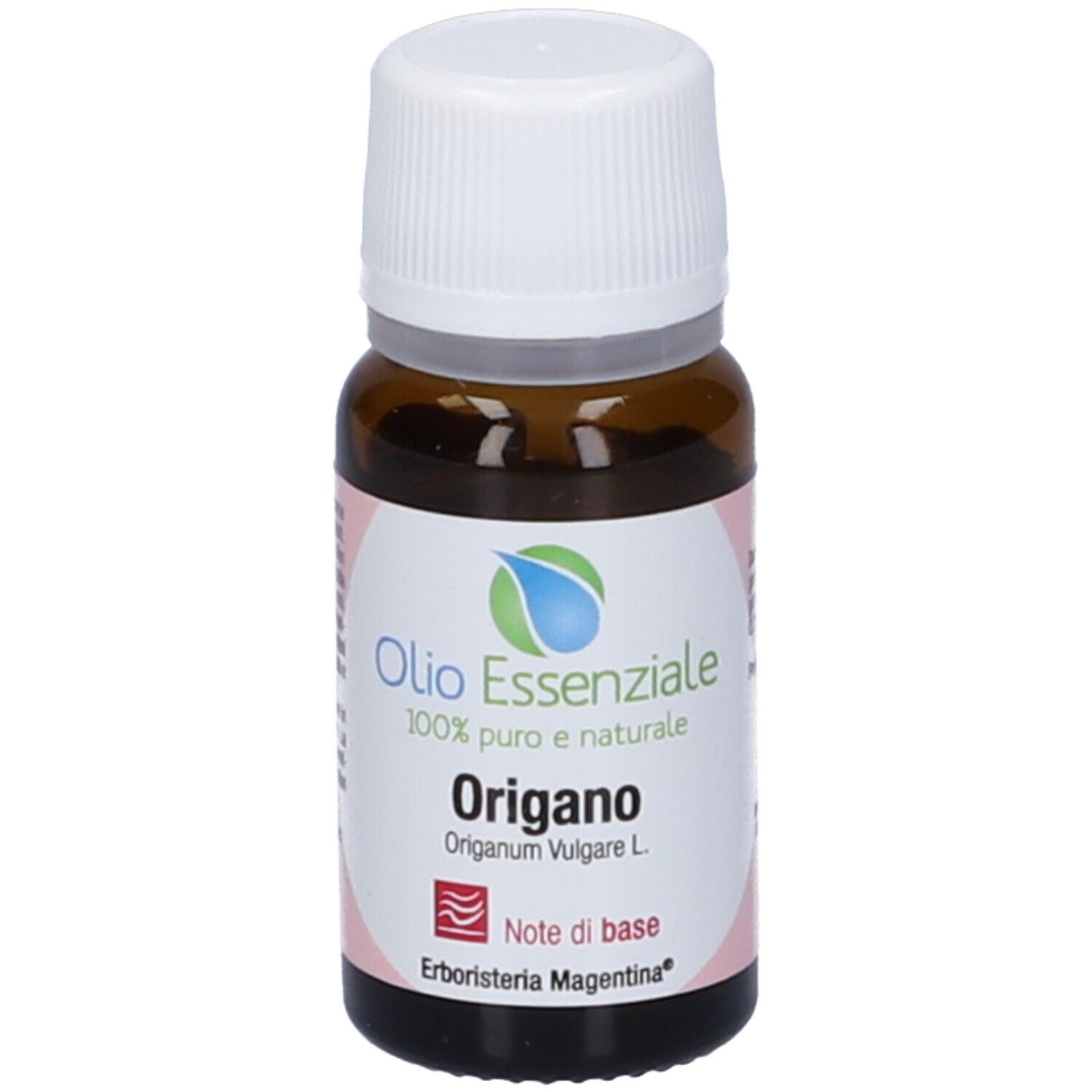 Flacone in vetro marrone con tappo bianco. Scritta: Olio Essenziale, Origano.