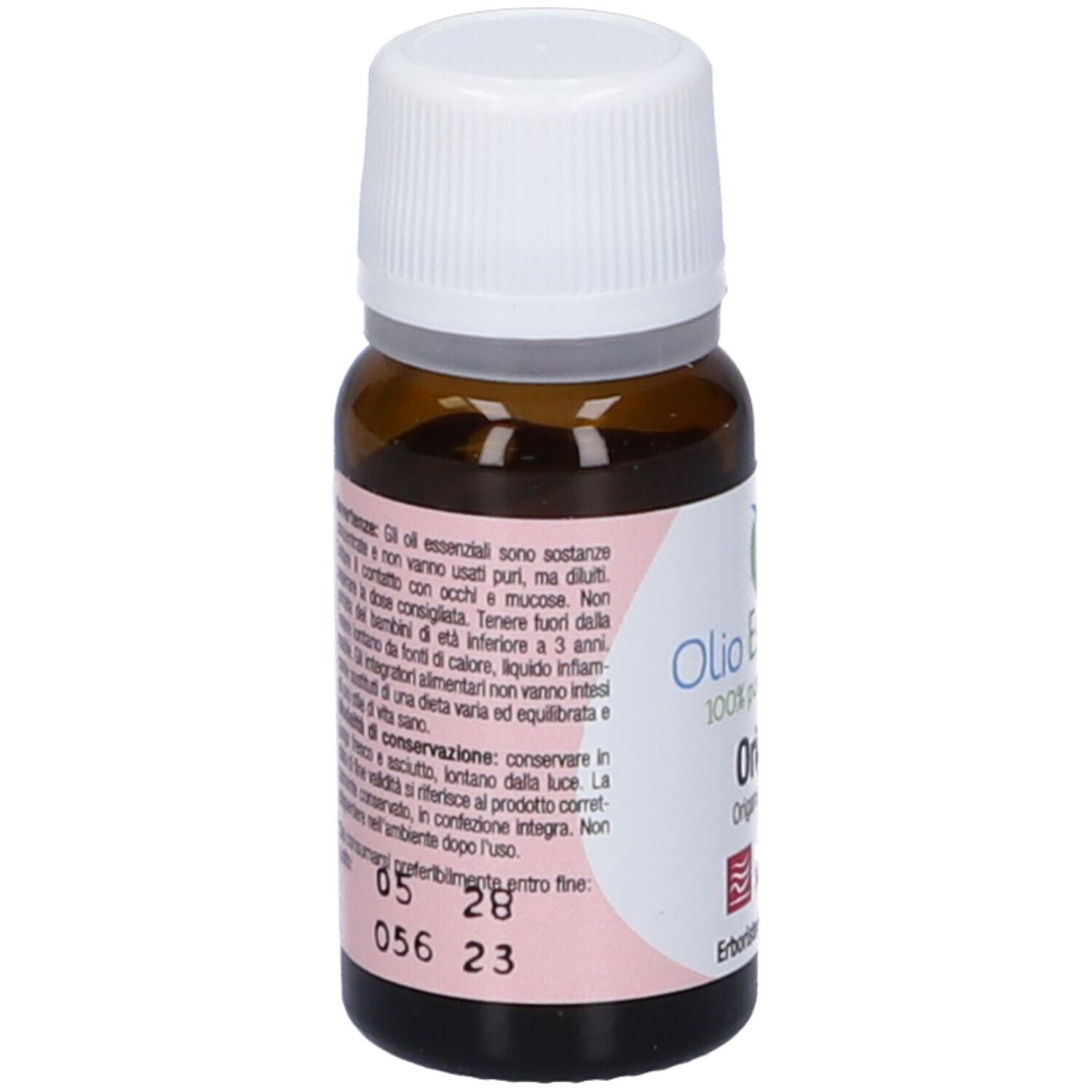 Flacone in vetro marrone con tappo bianco. Scritta: Olio Essenziale, Origano.