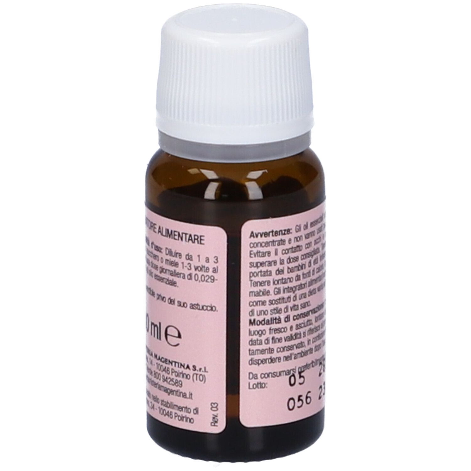 Flacone in vetro marrone con tappo bianco. Scritta: Olio Essenziale, Origano.