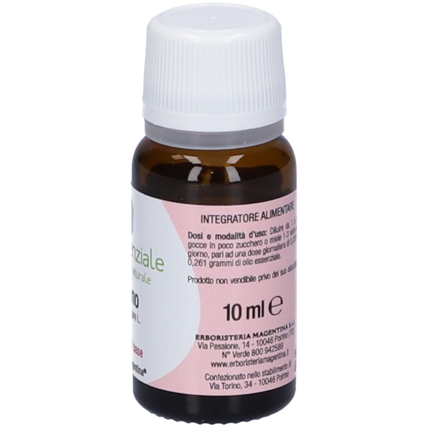 Flacone in vetro marrone con tappo bianco. Scritta: Olio Essenziale, Origano.