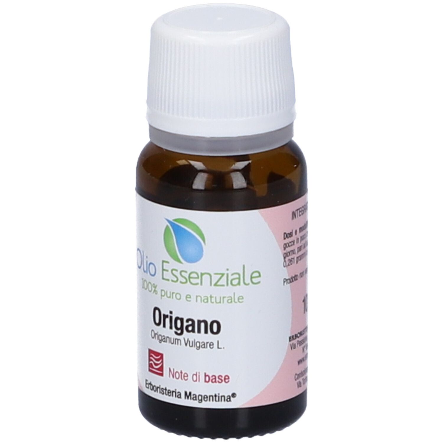 Flacone in vetro marrone con tappo bianco. Scritta: Olio Essenziale, Origano.