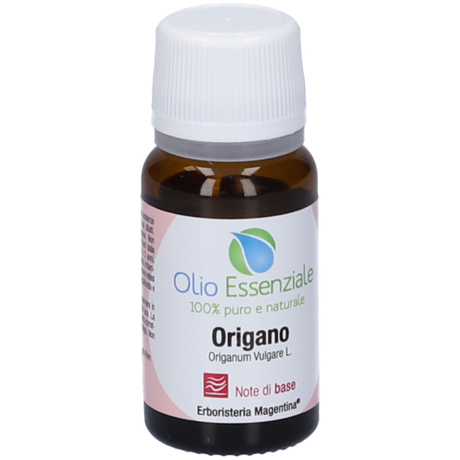 Flacone in vetro marrone con tappo bianco. Scritta: Olio Essenziale, Origano.