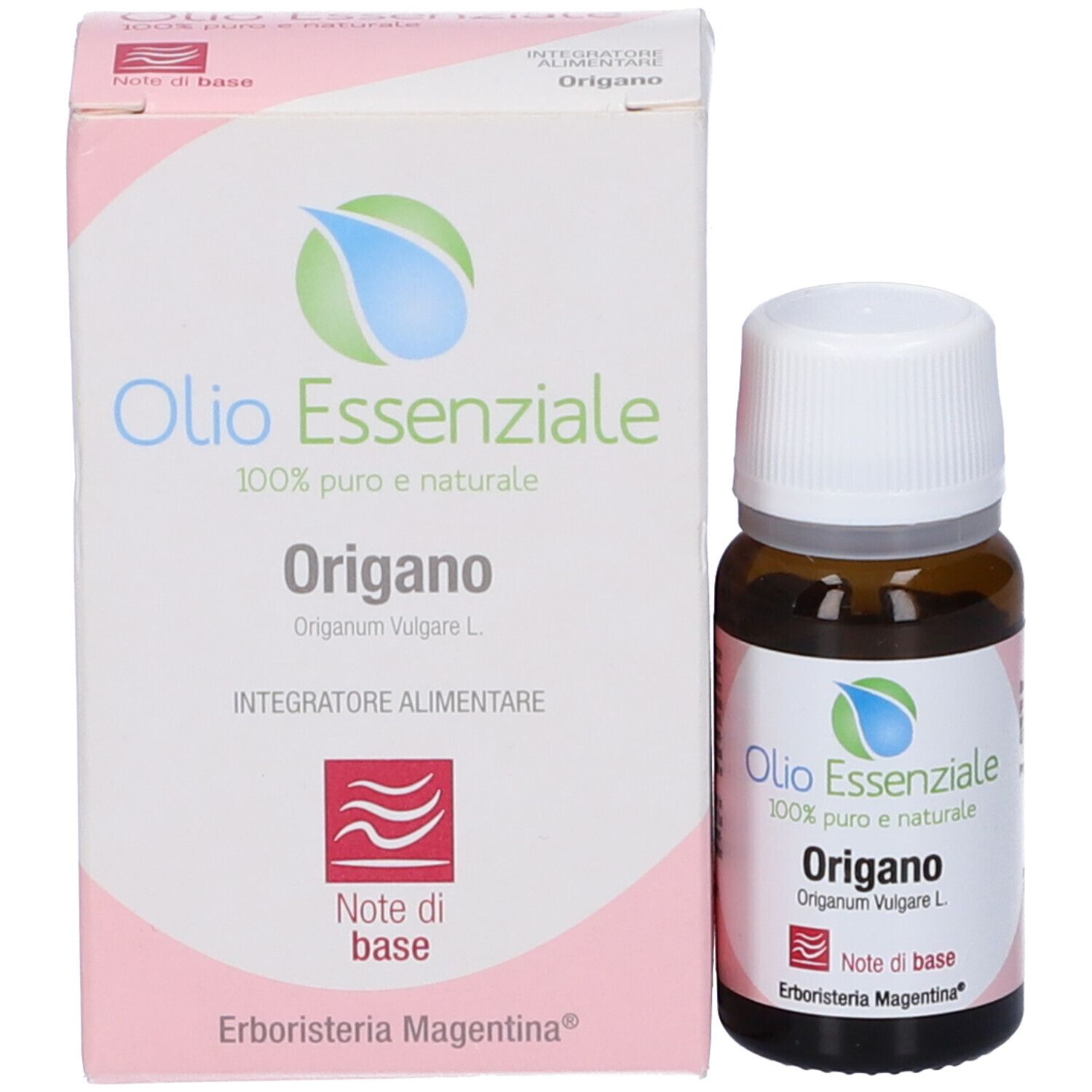 Flacone in vetro marrone con tappo bianco e confezione. Scritta: Olio Essenziale, Origano.