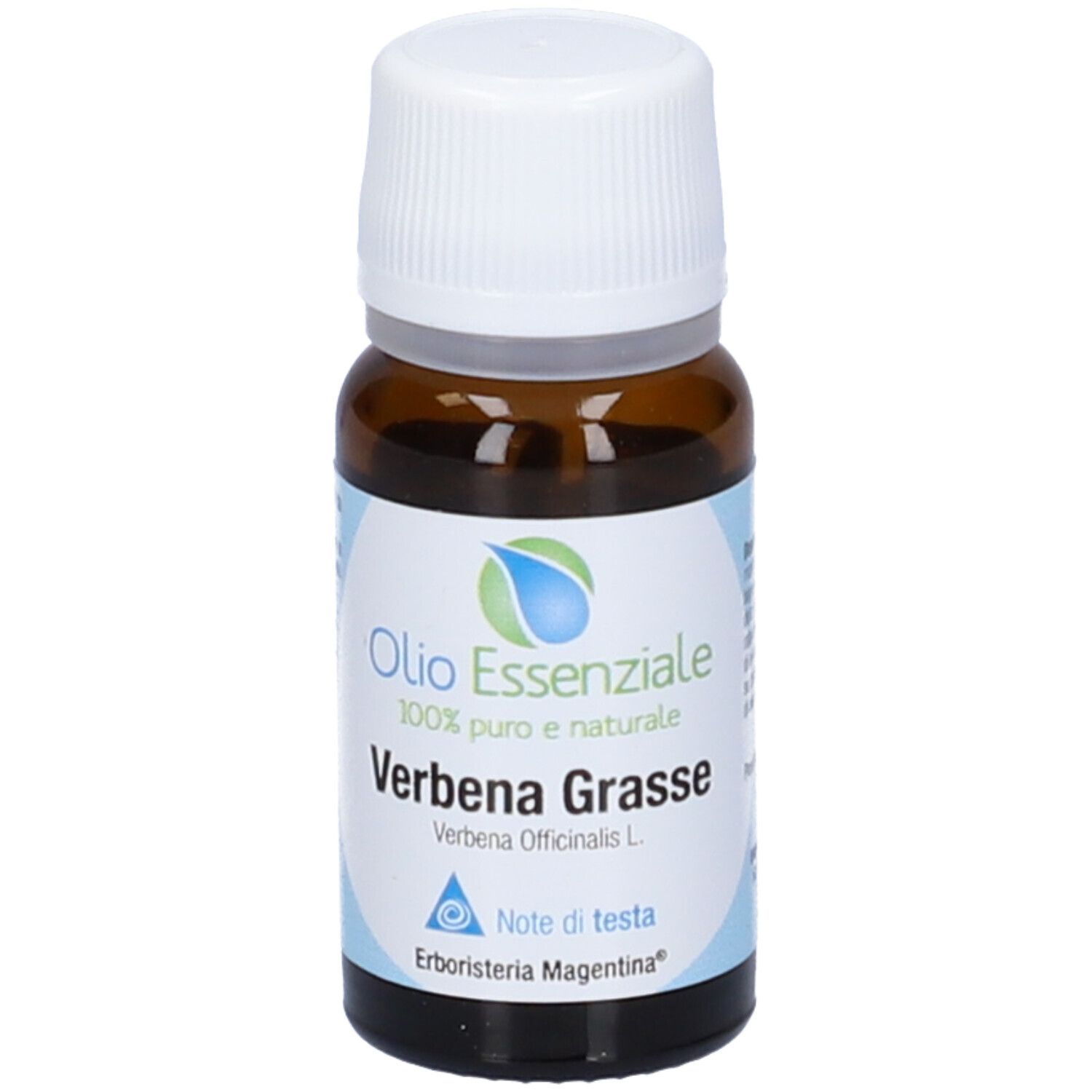 Flacone in vetro marrone con tappo bianco. Scritta: Olio Essenziale, Verbena Grasse.