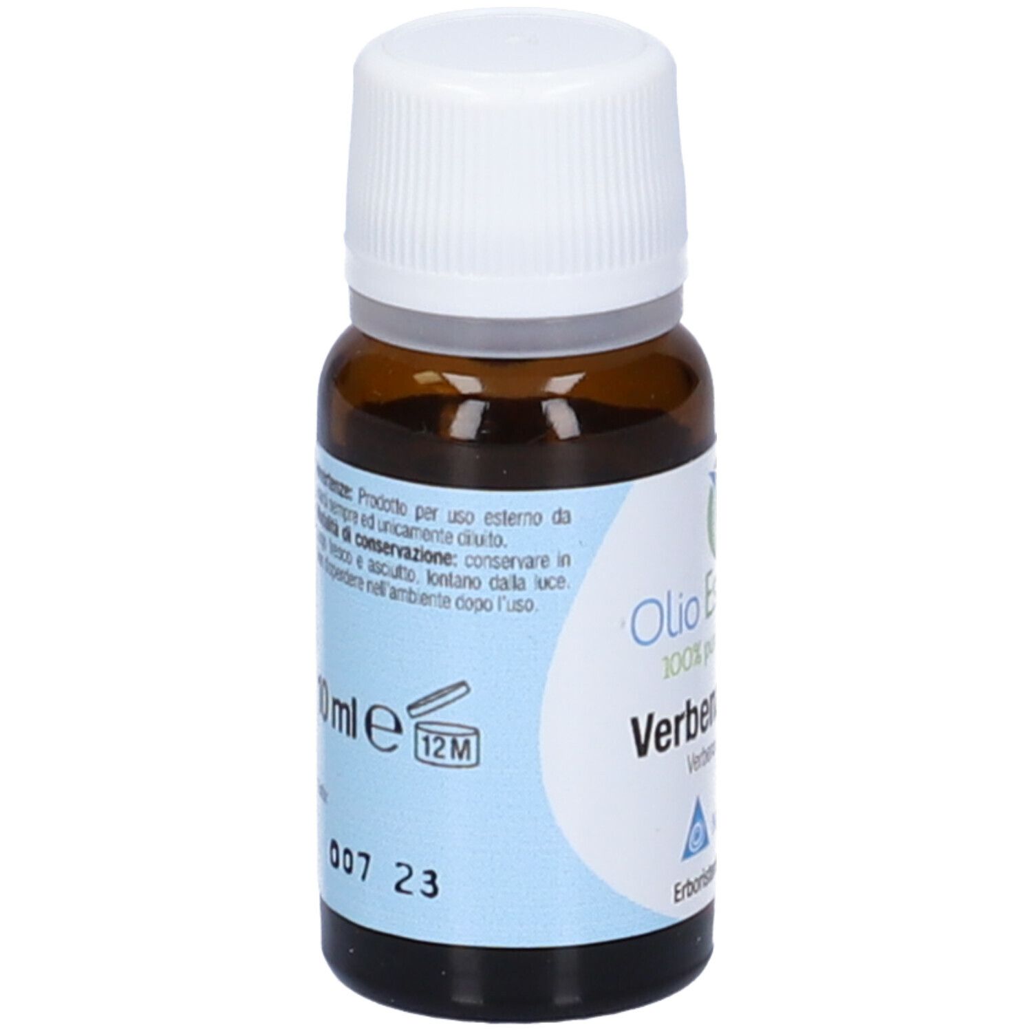 Flacone in vetro marrone con tappo bianco. Scritta: 10 ml, 12M.