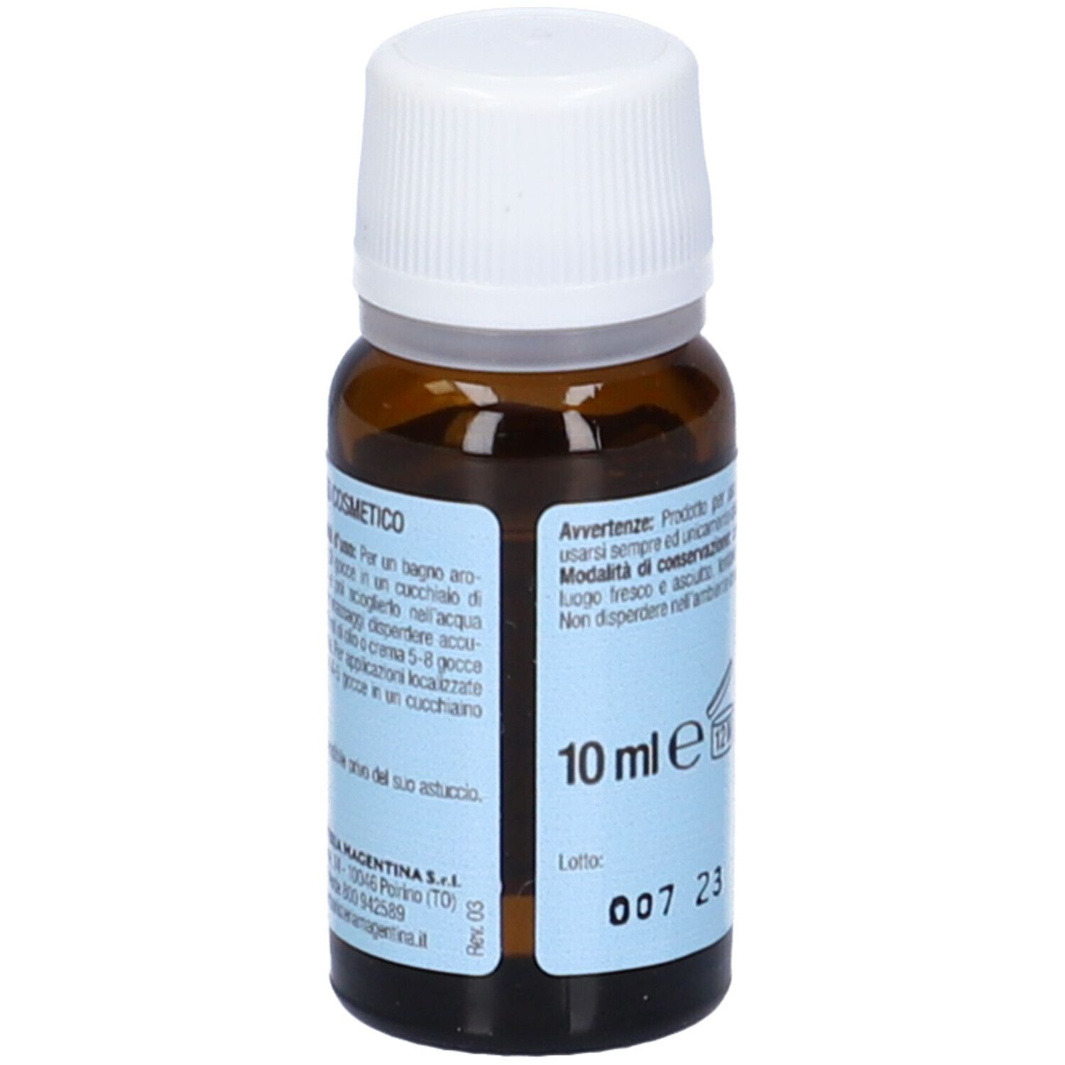 Flacone in vetro marrone con tappo bianco. Scritta: 10 ml, 007 23.