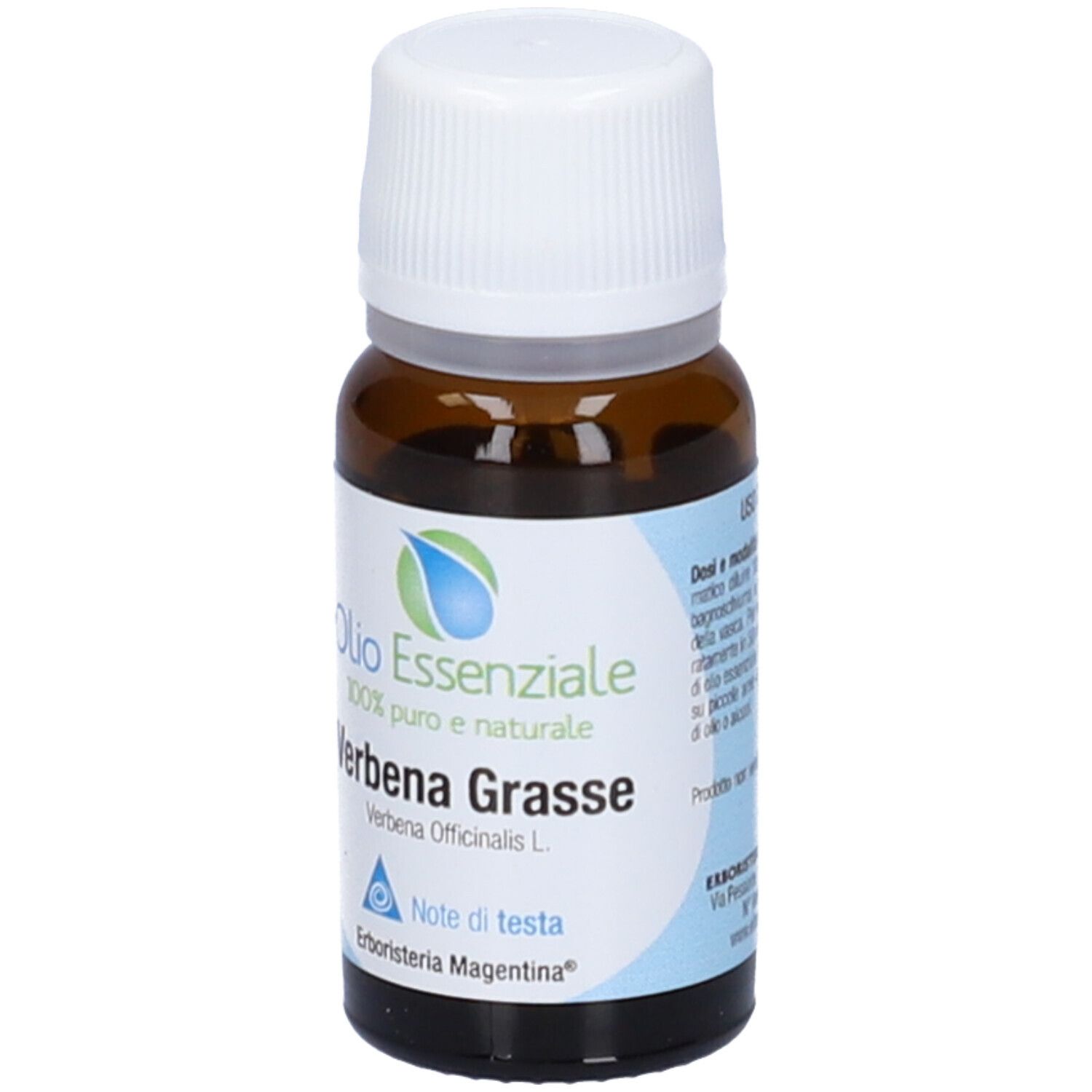 Flacone in vetro marrone con tappo bianco. Scritta: Olio Essenziale, Verbena Grasse.