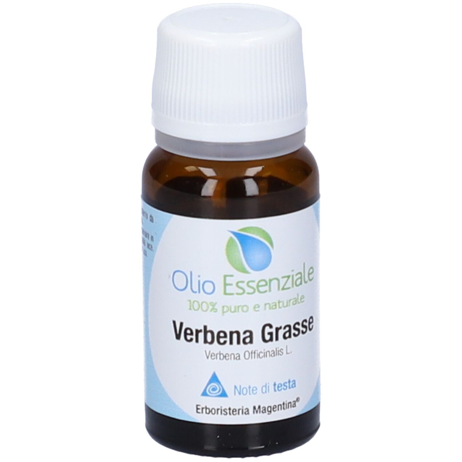 Flacone in vetro marrone con tappo bianco. Scritta: Olio Essenziale, Verbena Grasse.
