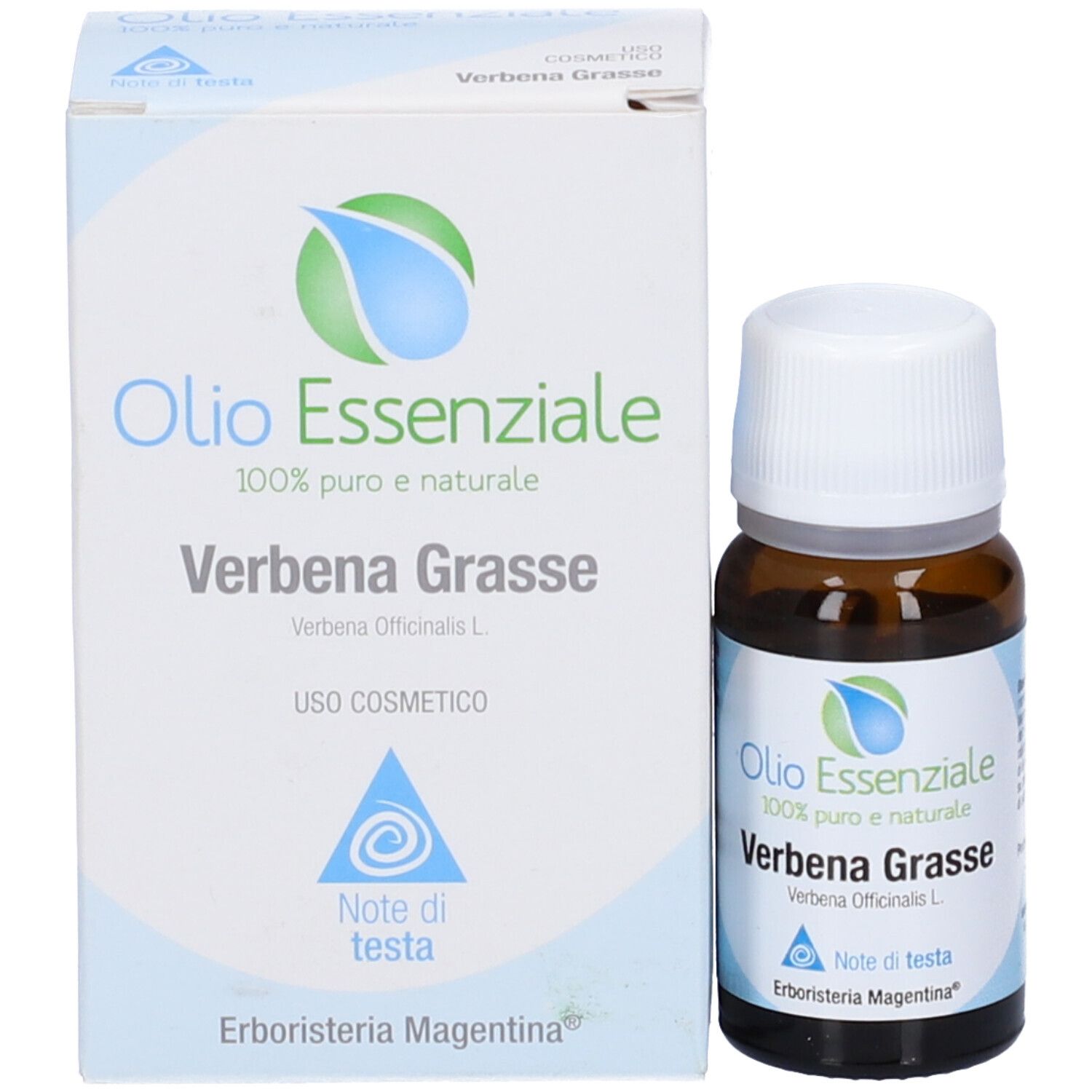 Flacone in vetro marrone con tappo bianco e scatola. Scritta: Olio Essenziale, Verbena Grasse.