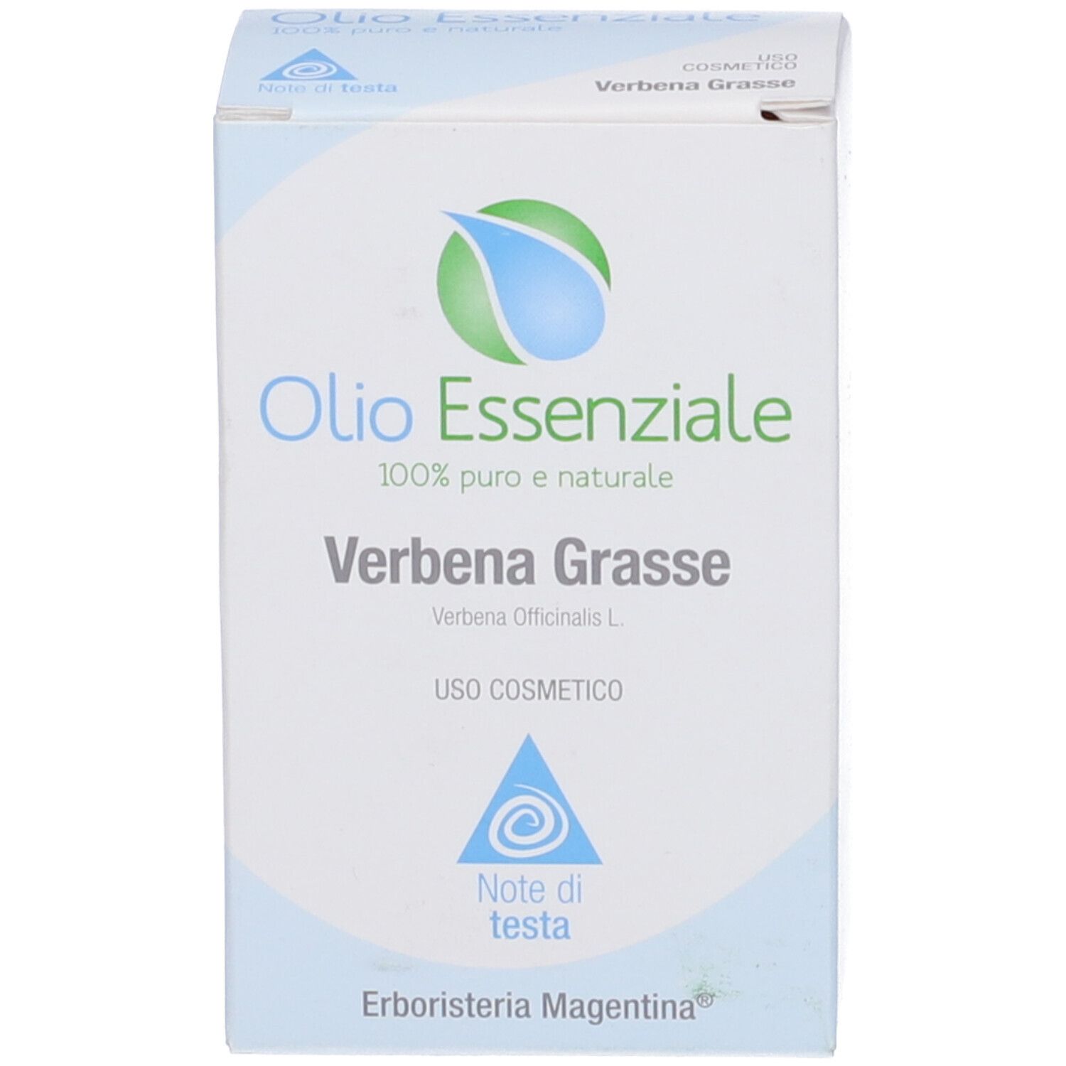 Scatola con scritta: Olio Essenziale, Verbena Grasse.