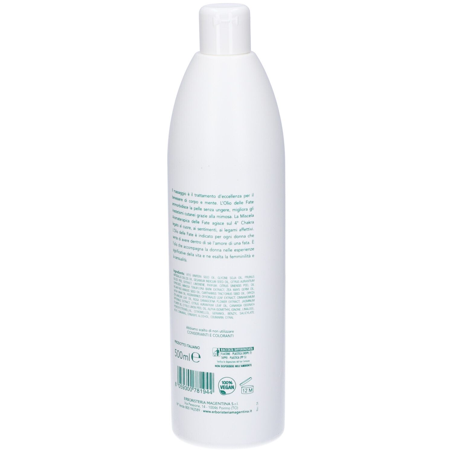 Flacone bianco con etichetta verde, 500ml.