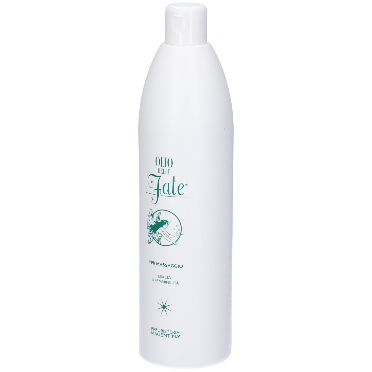 Flacone bianco "Olio delle Fate" per massaggio con etichetta verde.