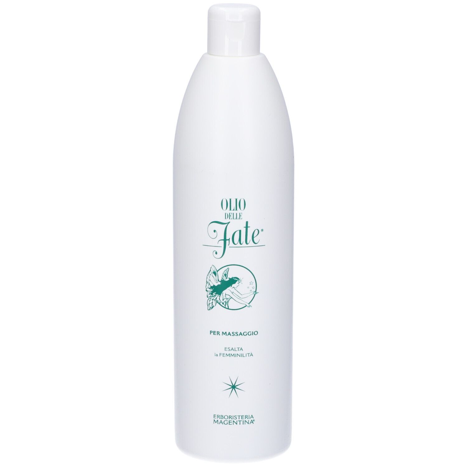Olio delle Fate olio da massaggio in flacone bianco con dispenser.