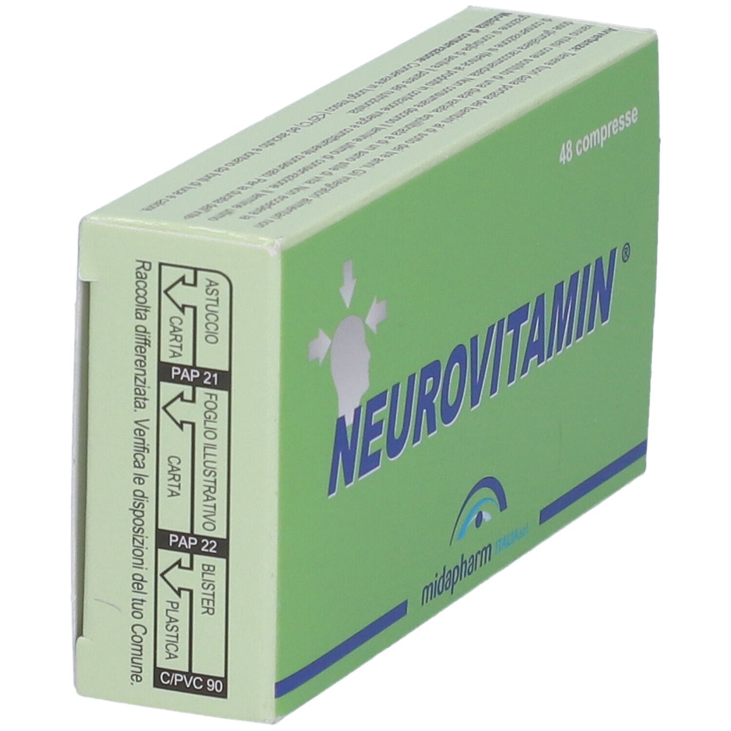 Scatola verde "NEUROVITAMIN" con 48 compresse. Istruzioni per il riciclo sul lato.