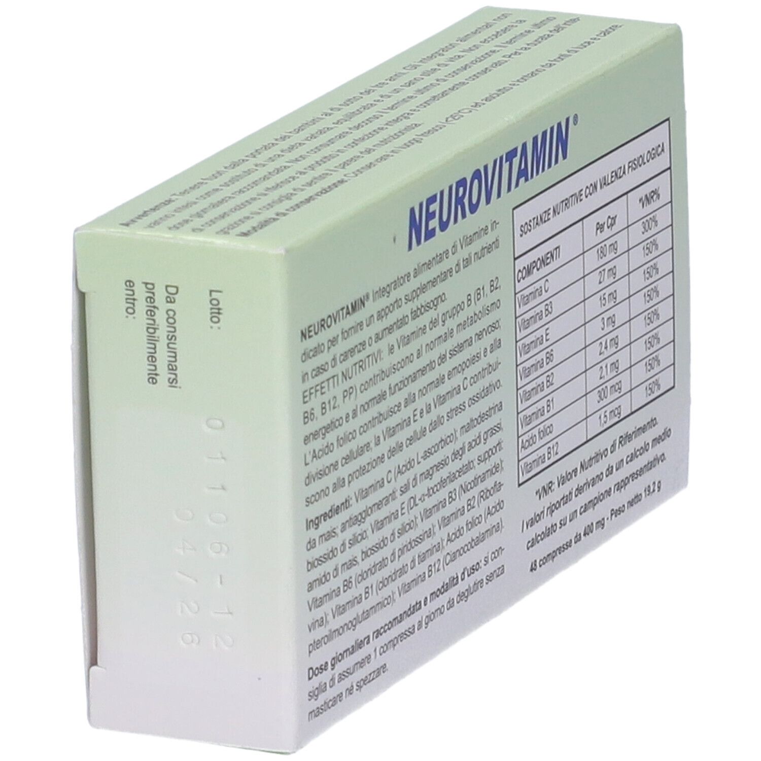 Retro della scatola "NEUROVITAMIN". Contiene ingredienti e data di scadenza.