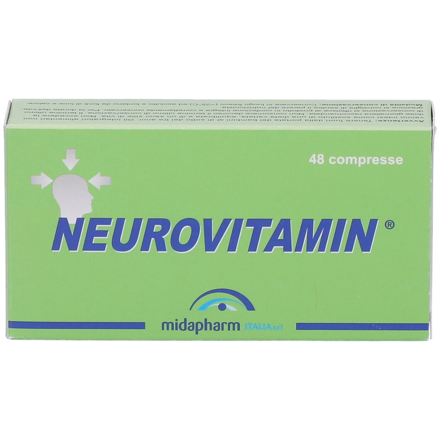 Scatola verde "NEUROVITAMIN" con 48 compresse. Marchio midapharm.